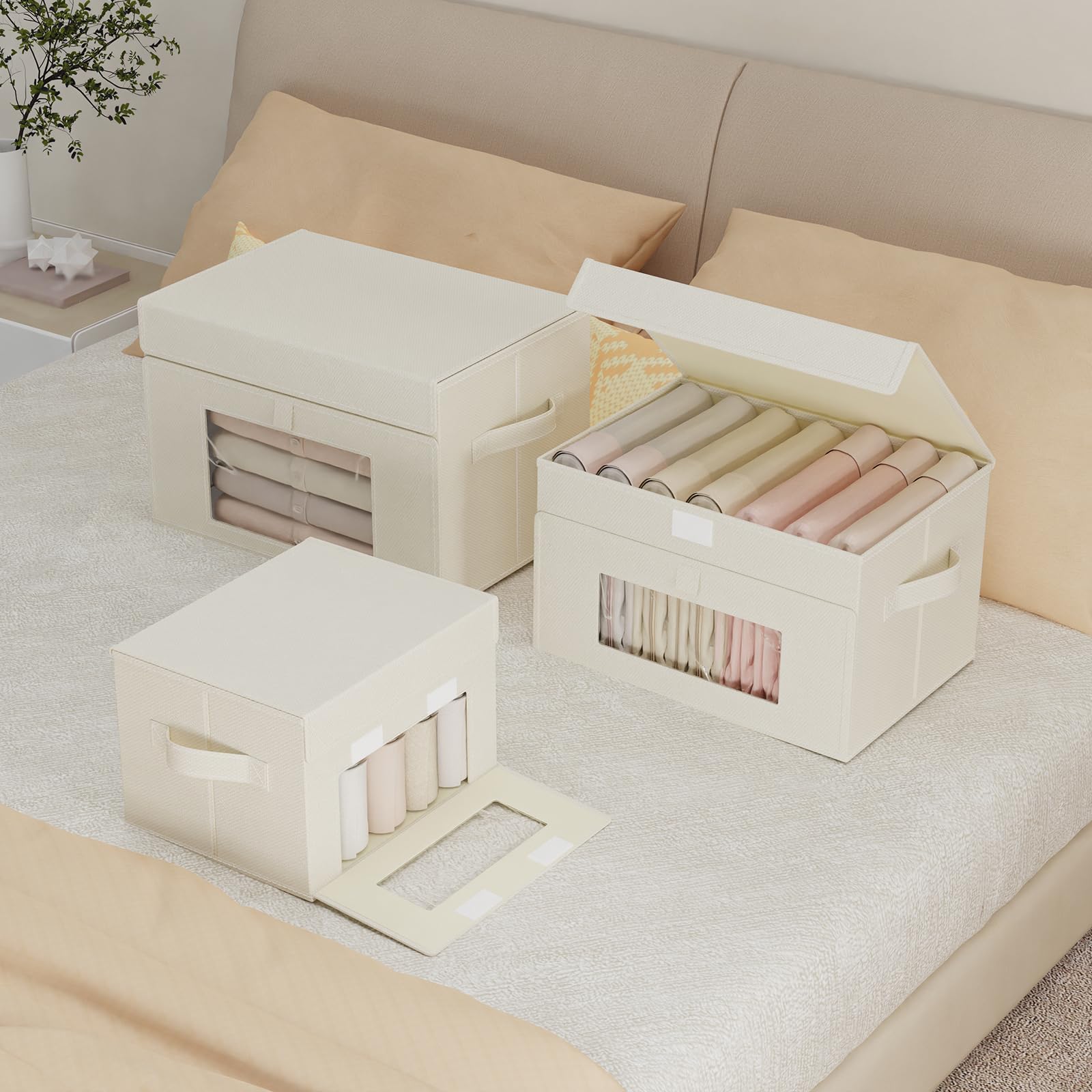 Cajas Almacenaje Ventanas Transparentes, 33x23x20 cm, Beige, Pack 4 | Contenedor de Almacenamiento Plegable, Organizadoras para Estantes, Cestas de Almacenaje para Ropa, libros, Dormitorio