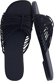 CUSHIONAIRE Lanky Strappy Sandals for Women, Trendy Multi-Strap Square Toe Flat Slide Womens Sandals with Cushioned Footbed