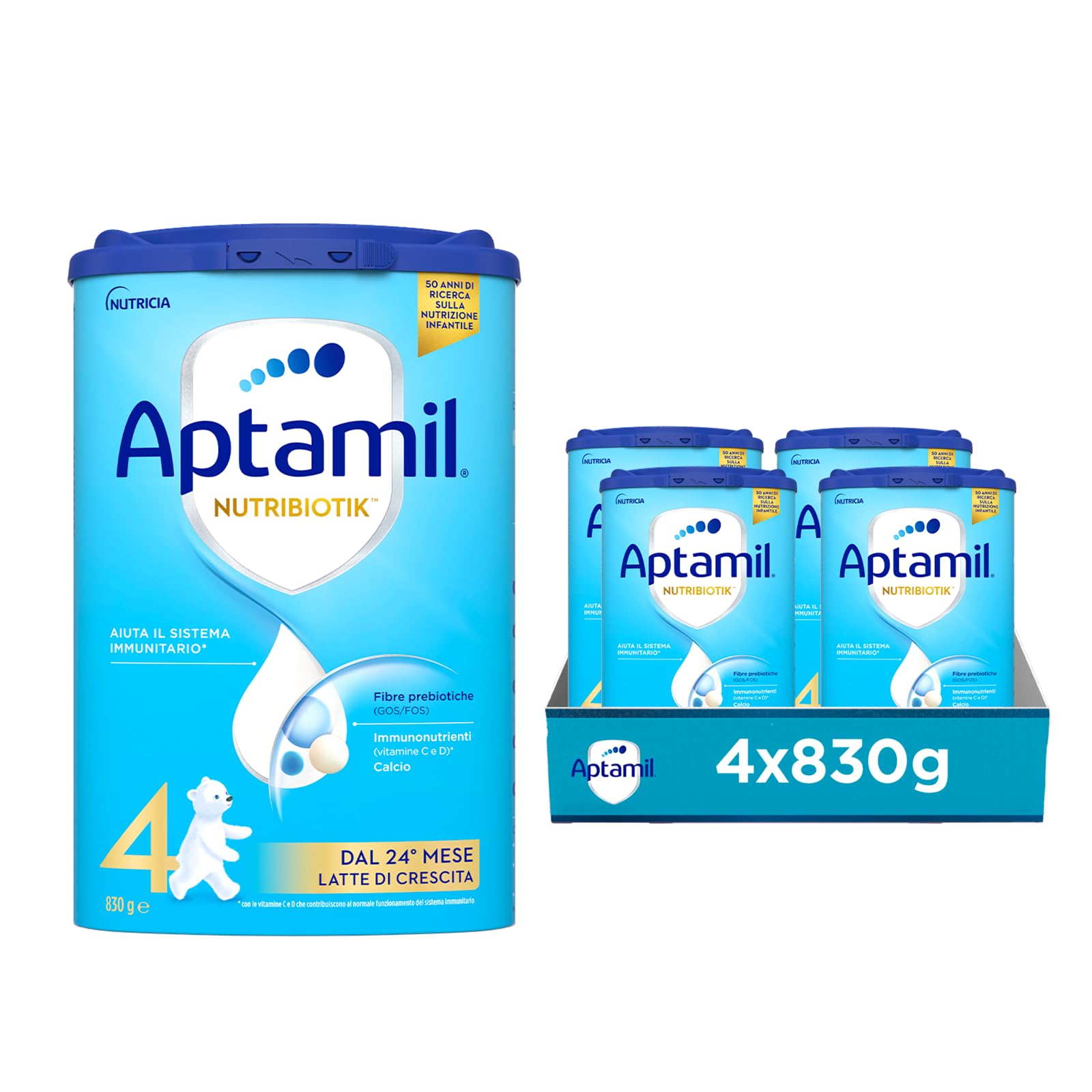 APTAMIL Nutribiotik 4 - Latte di Crescita in Polvere per Bambini dai 24 mesi - Formato Convenienza da 3320 grammi (4 confezioni da 830g)