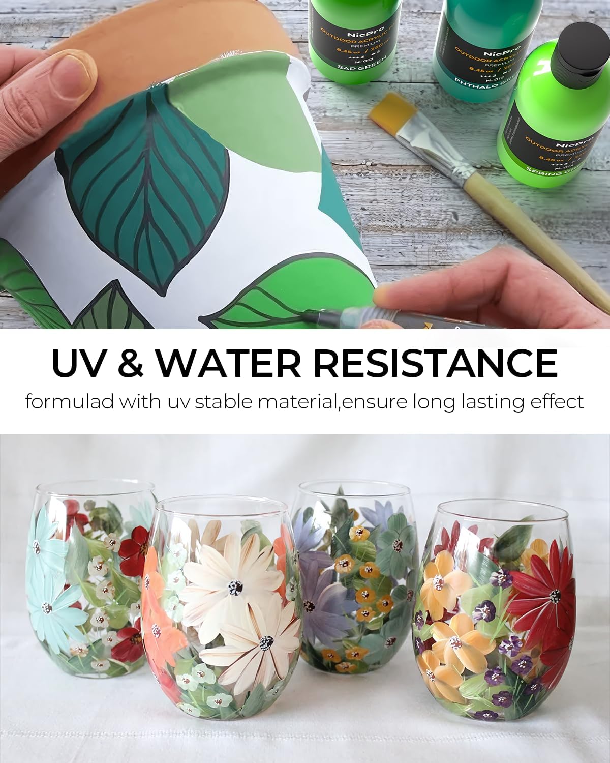 Nicpro 20 Colors Large Bulk Outdoor Acrylic Paint Set (8.45 oz, 250 ml) Rich Art Painting Supplies, Non Toxic for Multi Surface Canvas Rock Wood Leather Fabric Stone Metal Wall Craft with Color Wheel