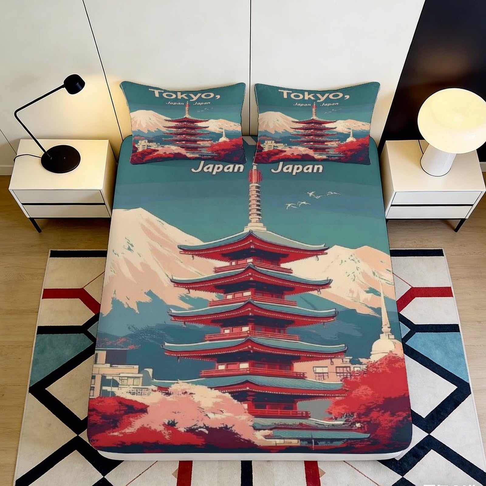 3D Printed Japanese Landscape Fitted Sheet Microfiber Deep Pocket Bedding Set Pagoda Mattress Fitted Cover Non-Slip Elastic Hem Washable 200x200x25cm