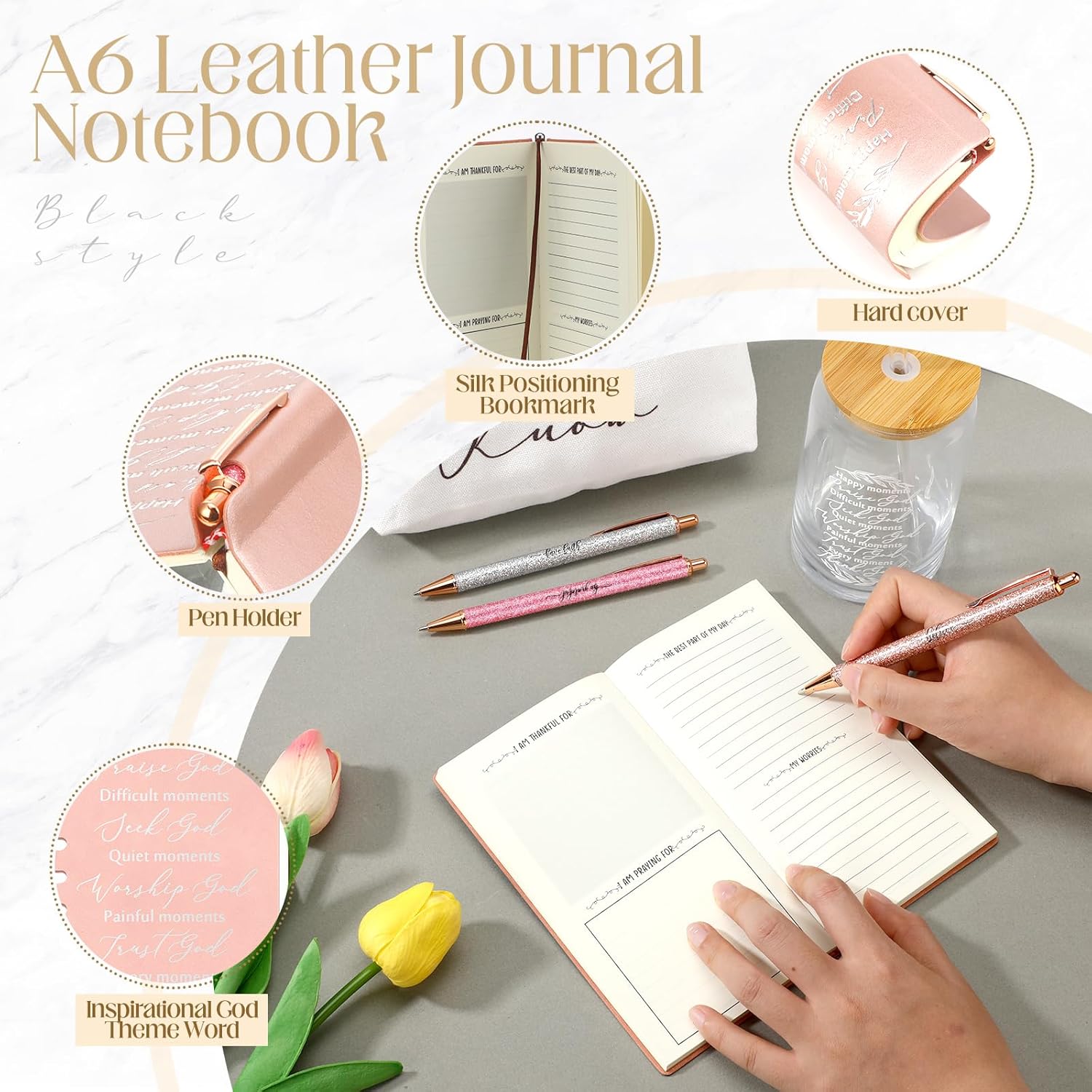 Spakon 6 Pcs Christian Gifts for Women Bible Verse A6 Leather Journal Notebook 16 oz Glass Cup Glitter Ballpoint Pen Makeup Bag Inspirational Gifts for Church Valentines(Rose Gold) - Image 3