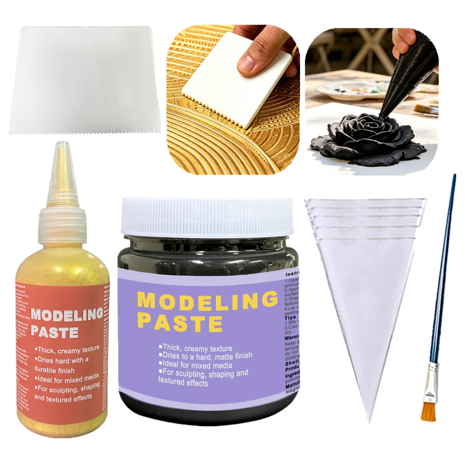 Black &amp; Golden Acrylic Modeling Paste &amp; 5pcs Piping Bags Bags &amp; Squeegee with Teeth, Acrylic Medium for Texture Art, Texture Paste for Acrylic Painting, Canvas, Sculpture, Art Projects, 3D Effect