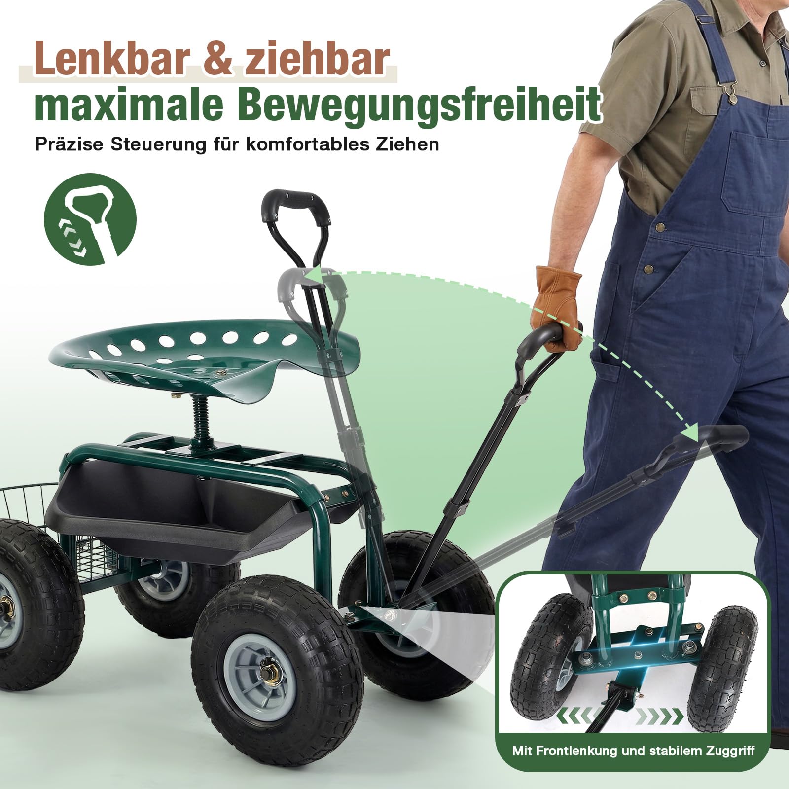 Sekey Gartenrollsitz mit Griff & Ø 25,5cm Reifen - Fahrbarer Rollsitz für Gartenarbeit bis 180kg - 360° Drehbarer Gartensitz zum Ernten & Beschneiden - Gartenhelfer mit Korb für Hof & Garten