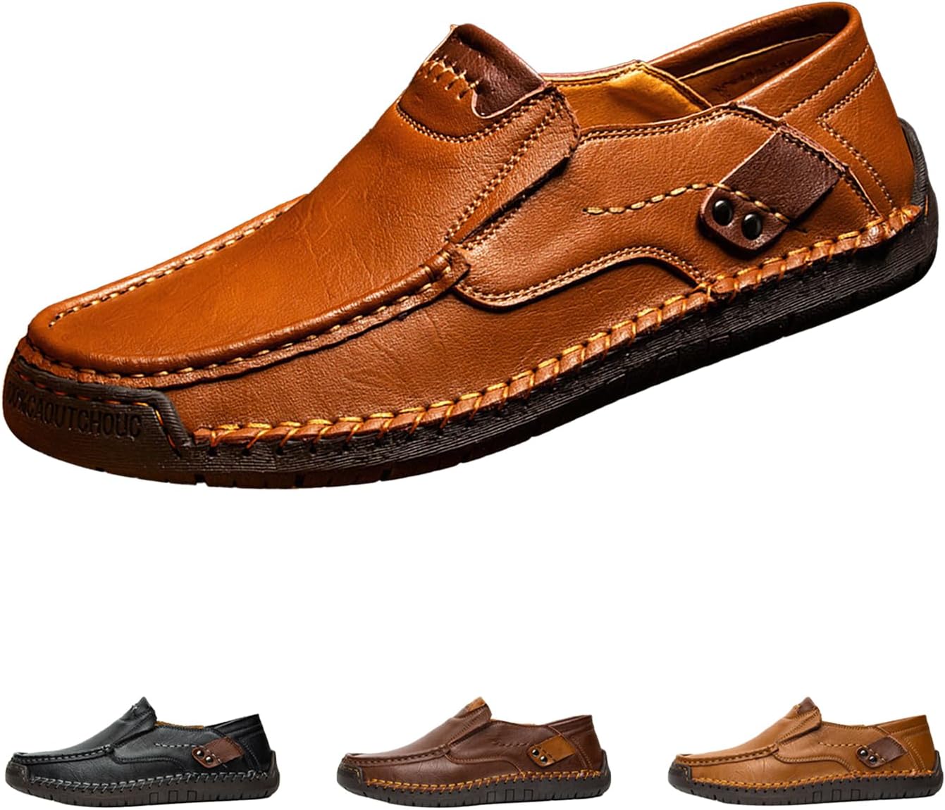Men's Leather Driving Walking Shoes,Vintage Lightweight Comfort Slip-On Flat Moccasin Dress Oxford Casual Boat Loafers