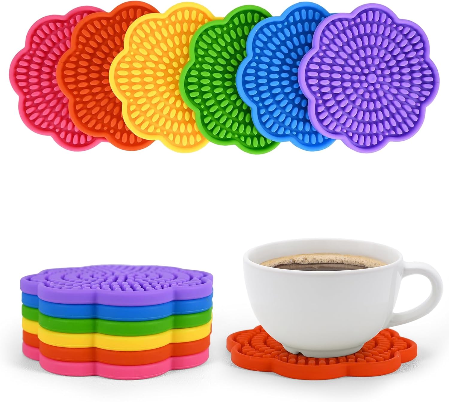 Set of 6 Colorful Silicone Coasters for Drinks Absorbent 4.3 Inch Scalloped Rainbow Coaster Rubber Flower Shaped Deep Tray Pot Holder Trivet for Kids Mugs Cups Bottles Coffee Table Desk