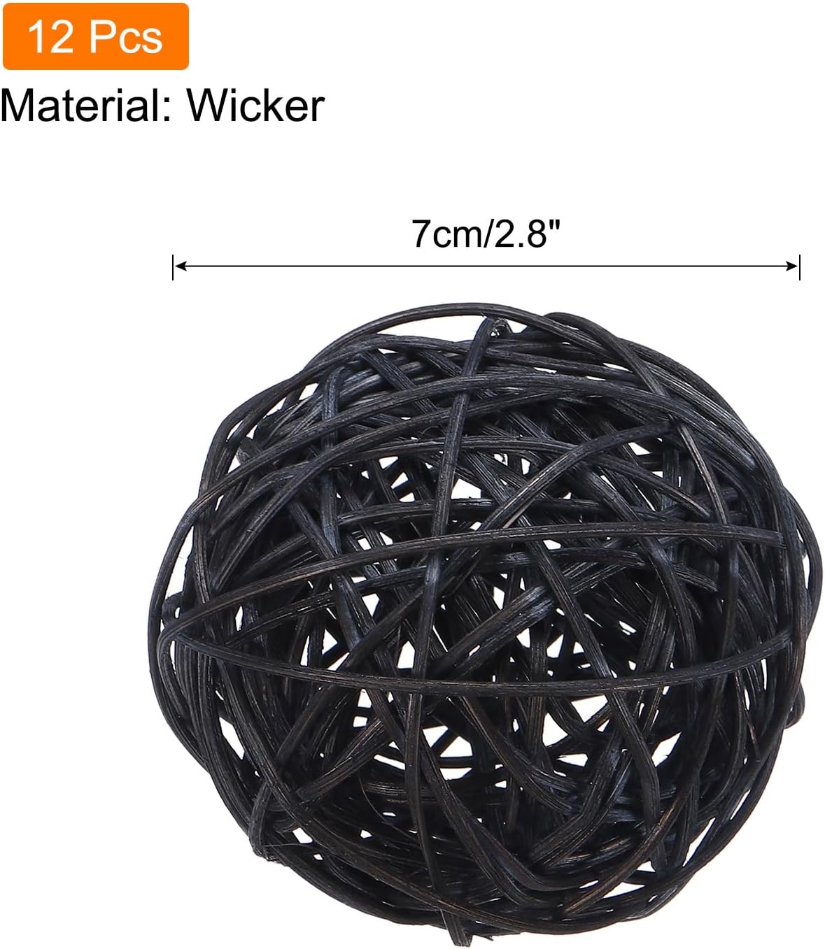 MECCANIXITY 12 Pcs Wicker Rattan Balls Decorative Balls 2.8Inch for Vase Fillers,Wedding,Garden,Hallway Party,Black