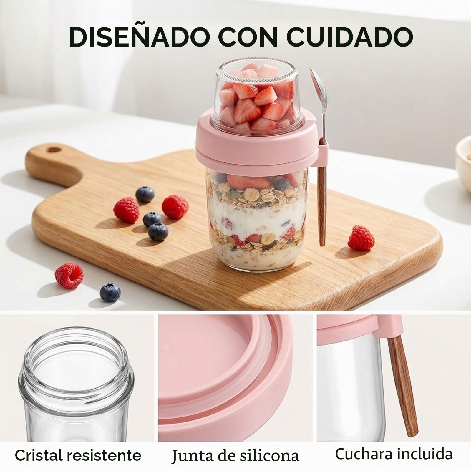 4er Set Overnight Oats Vasos con Tapa y Cuchara – 16oz Envases de Muesli & 4oz Caja de Snack, Vasos de Yogur para Llevar de Vidrio con Doble Cámara, Recipientes de Desayuno para Preparación de