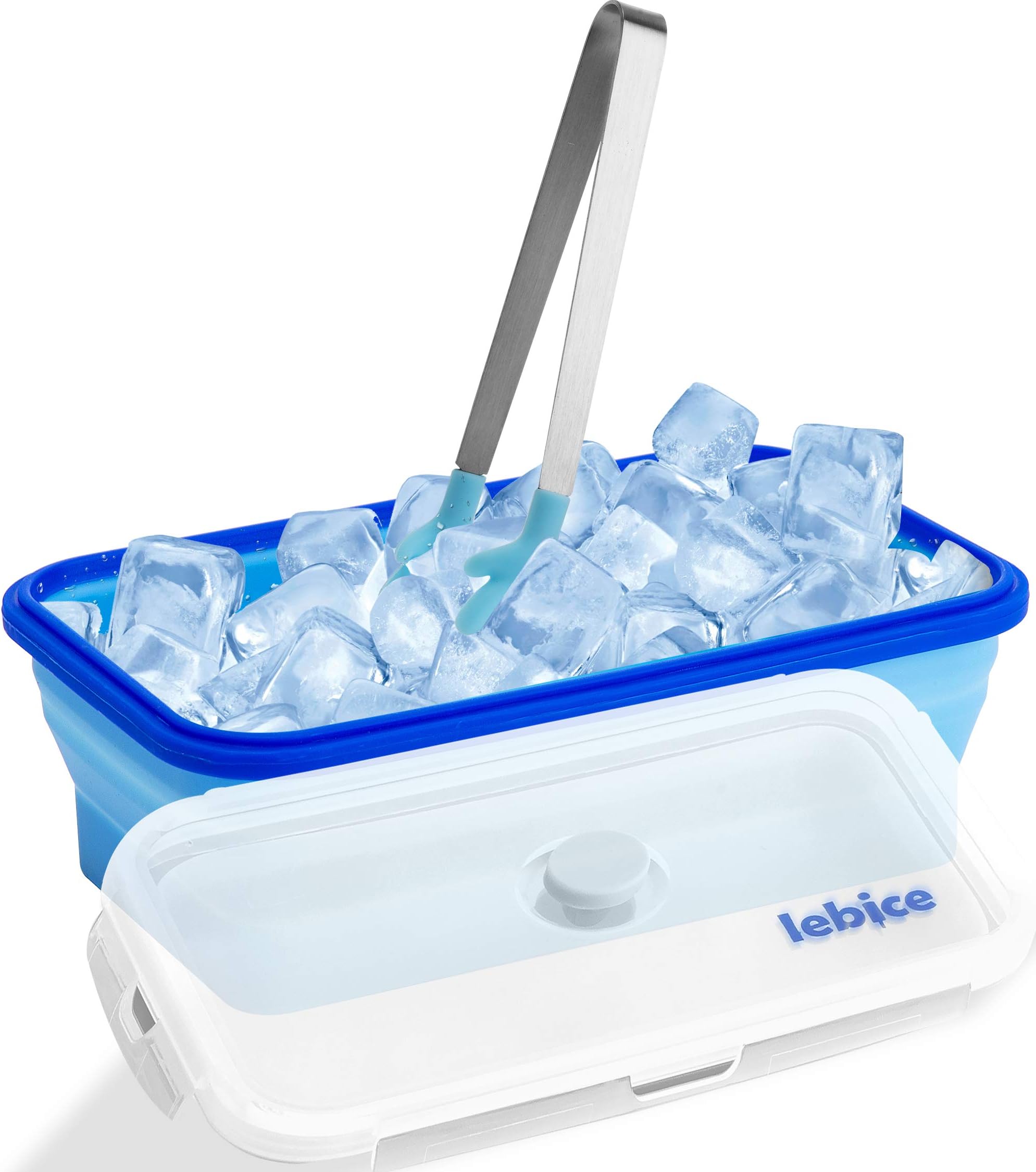 LEBICE Spacious Silicone Ice Bucket 8.4x5.5" with Cute Ice Cube Tongs. Space saving Collapsible bucket. Lid Seals for Freshness. Easy to Clean Silicone, Safe & BPA Free. Includes Recipe Book