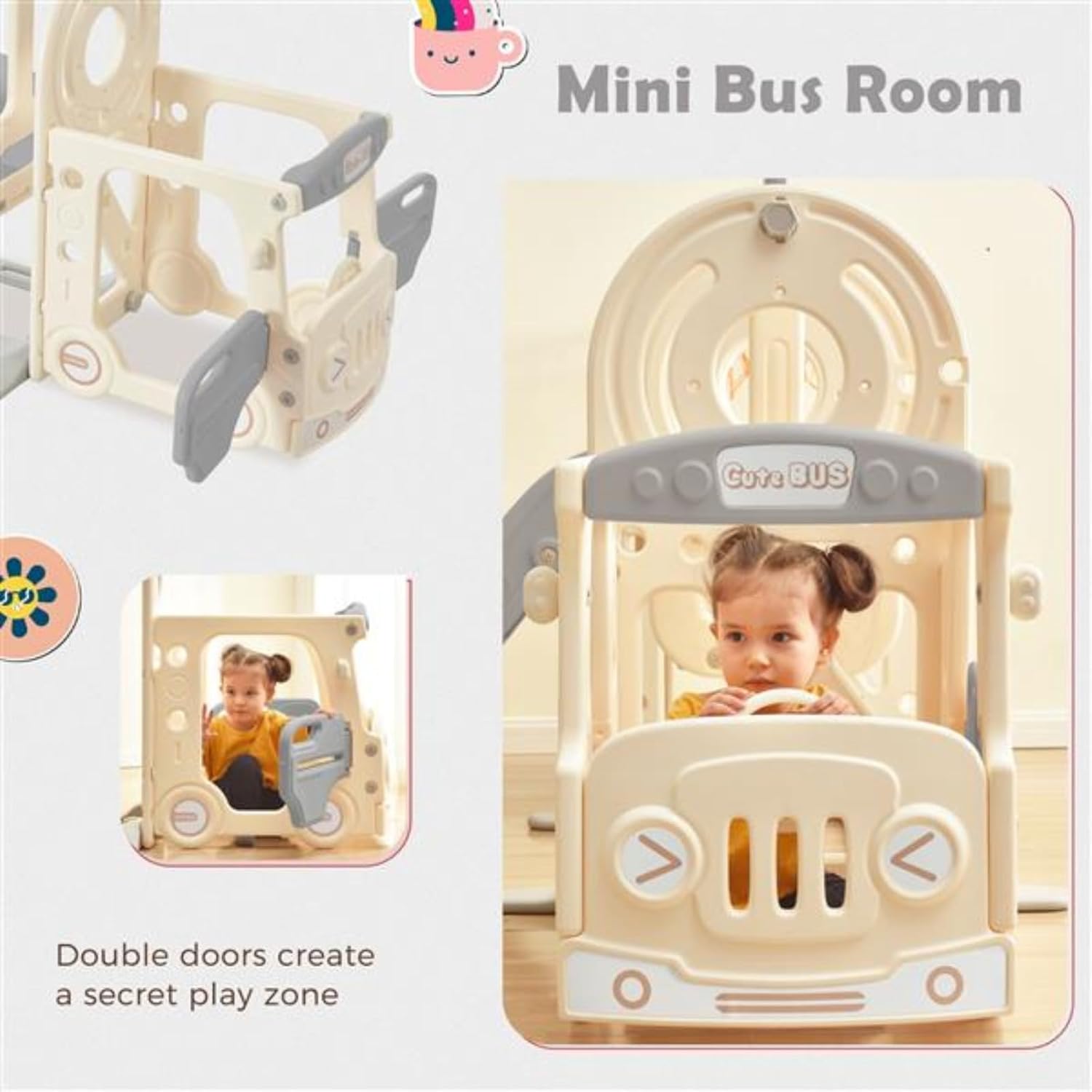 4-in-1 Bus Slide Set, Kids Slide with Bus Ride, Freestanding Bus Toy Set, with Basketball Hoop, Off-White and Gray