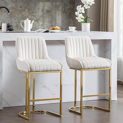 Miniatura 51 de Juego de 2 taburetes de bar de terciopelo beige de 26 pulgadas, modernos taburetes de mostrador con respaldo/patas doradas, sillas de bar tapizadas,