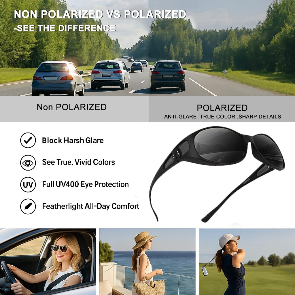 Lentes de sol polarizados que se ajustan sobre envolventes, evitan daños oculares por los rayos ultravioleta, antirreflejos, peso ligero, 100% protección UV para hombres y mujeres, espejo