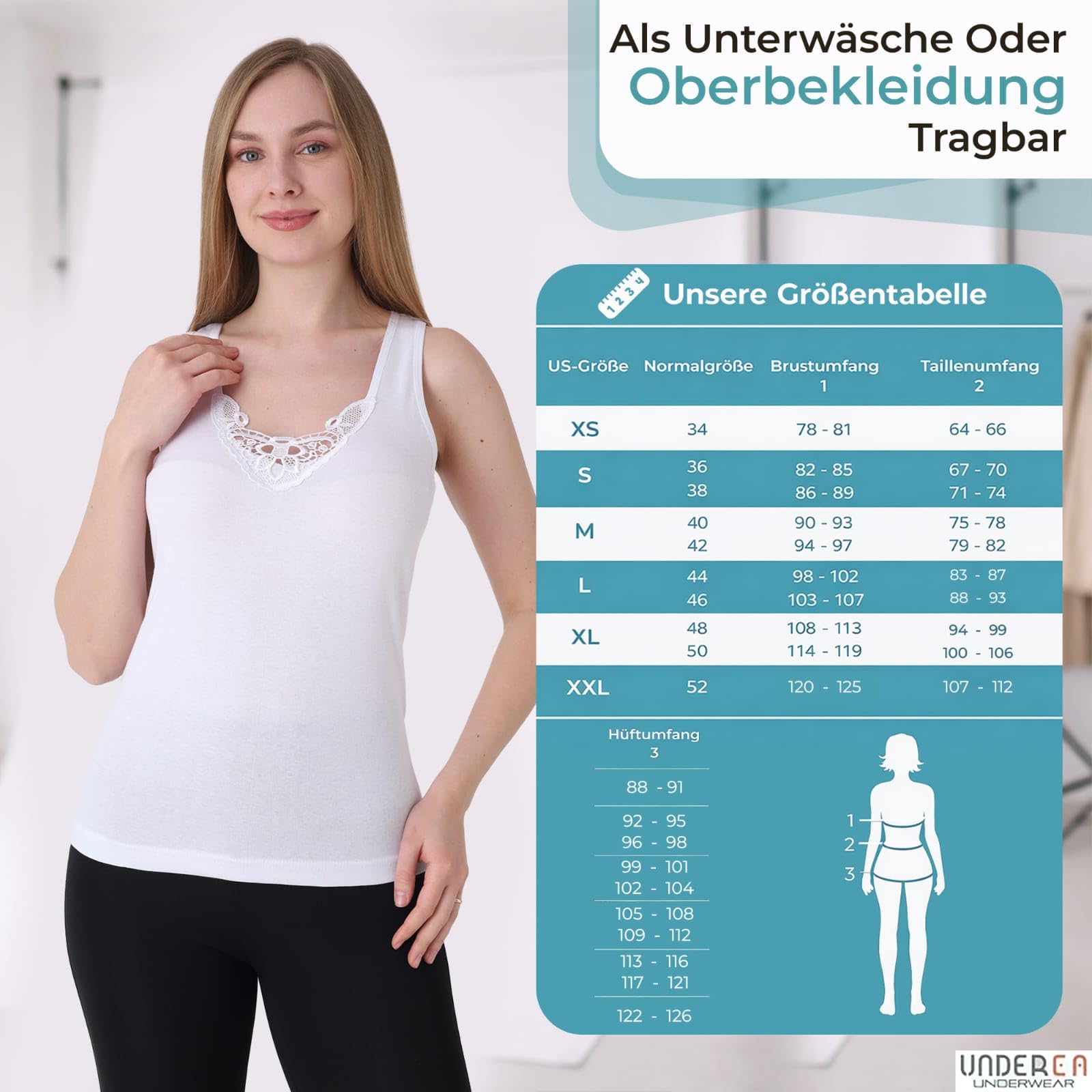 UNDERA, canottiera intima da donna, confezione da 3, 100% cotone con pizzo, morbida e traspirante, con scollo femminile, per tutti i giorni, il tempo libero e la casa