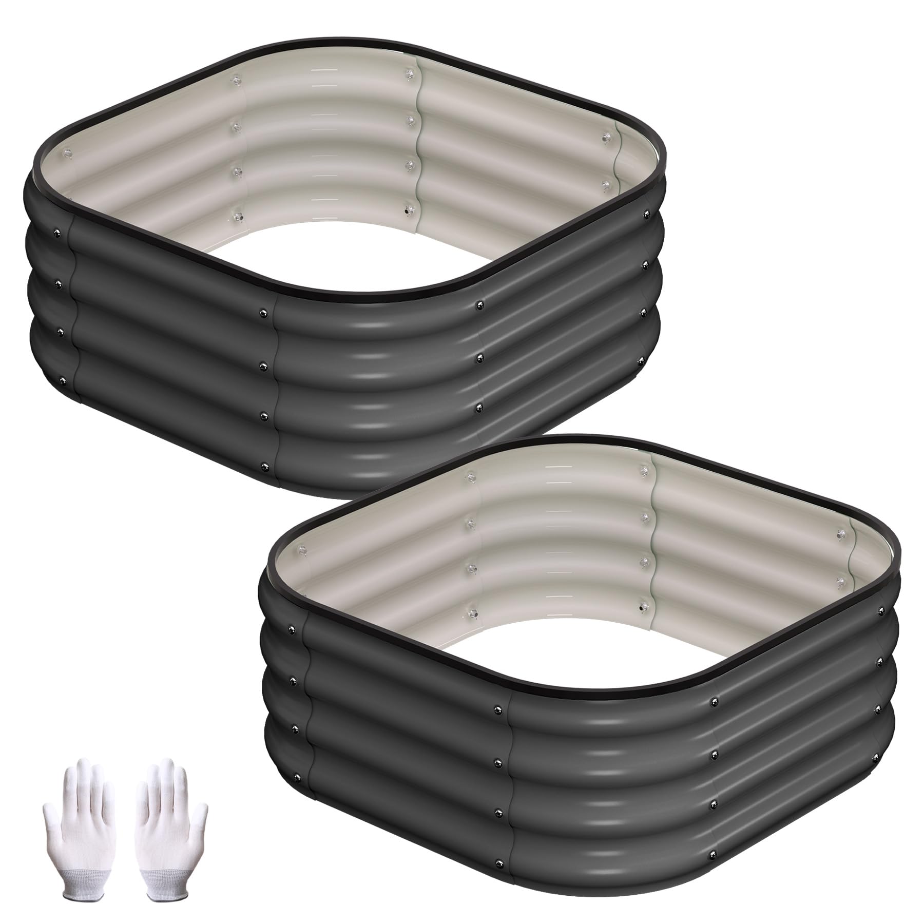 Garveemore Grey Raised Garden Bed For Garden - Black 2X2x1 Ft - Square Circular - Pack Of 2 - Bottomless Galvanised Steel Planter Box With Safe Round Edges For Vegetables, Flowers And Herbs, Planter Raised Beds