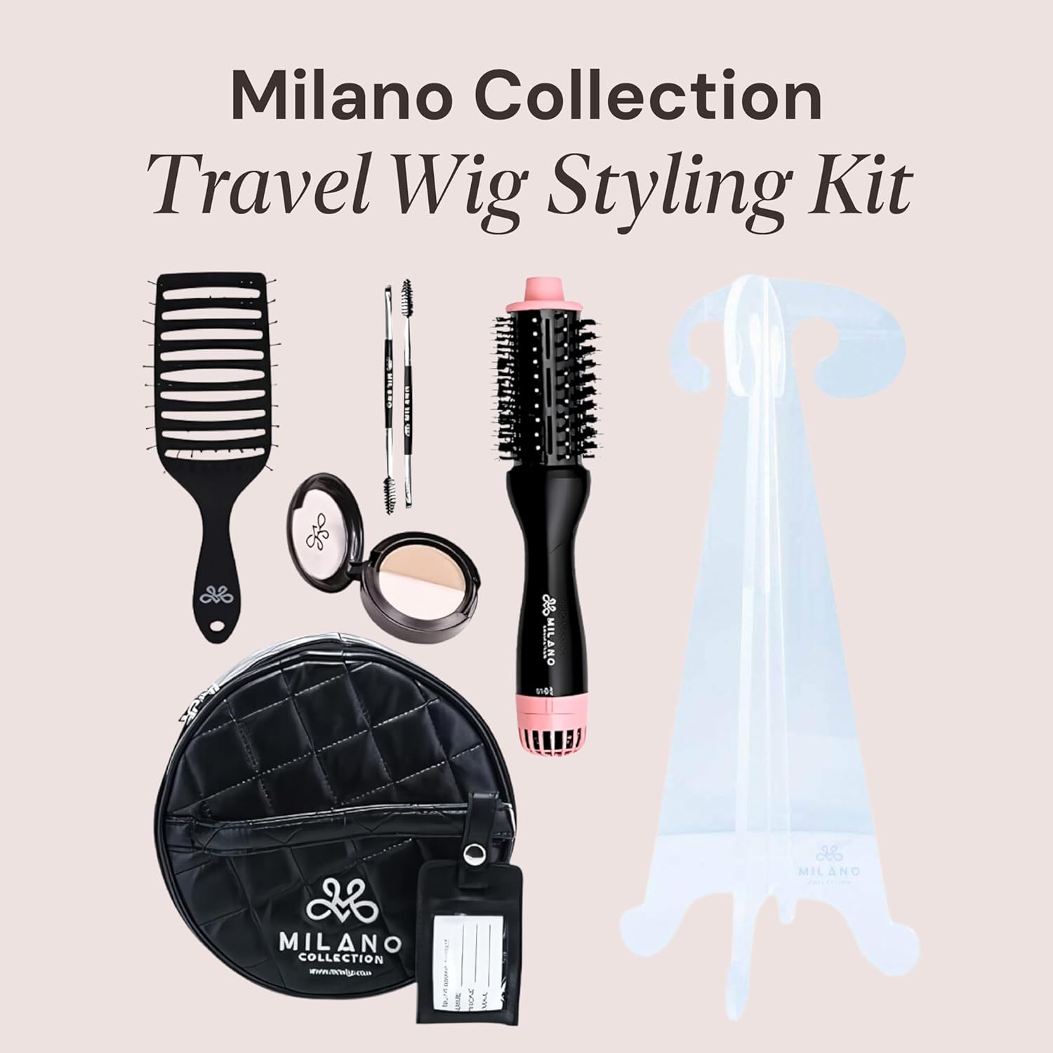 Milano Collection Travel Wig Styling Kit, Portable Travel Wig Stand with Compact Round Travel Case to Protect Wigs, Scalp Illusion Duo, Hot Air Brush & Gentle Brush for Wig Styling On-the-Go