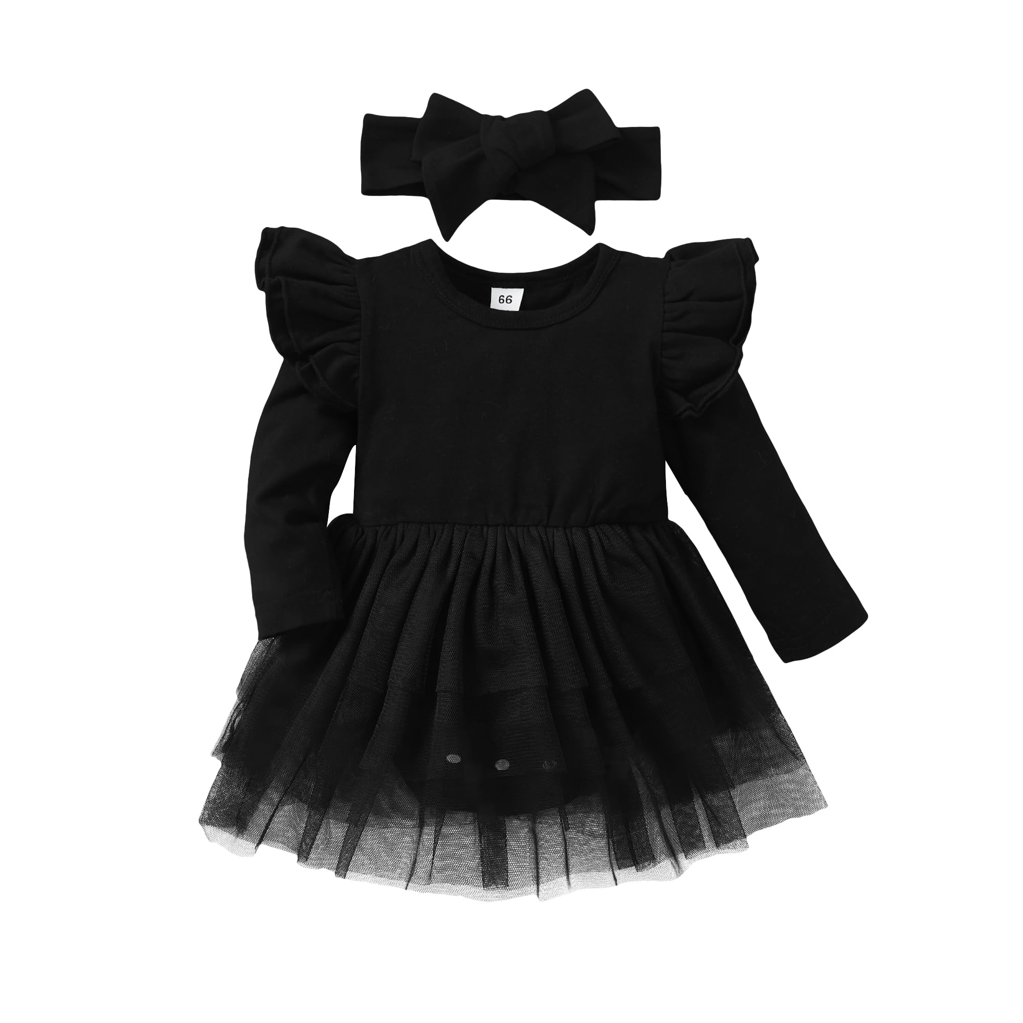 Baby Girl Ruffle Sleeve Romper Dress Outfit Newborn Princess Tulle Dresses Infant Jumpsuit Tutu Skirt Set Clothes (Black-Long Sleeve, 3-6 Months)