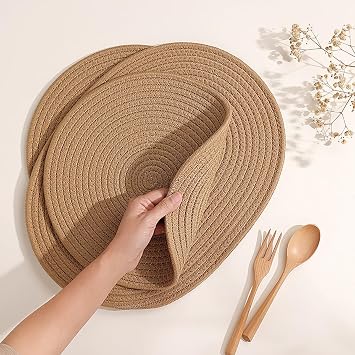 6 Pack Jute Woven Placemats, 13.8 inches Braided Charger Plates Round Rattan Placemats Vintage Tablemats Wicker Tablemats Boho Heat Resistant Mats for Weddings Indoor & Outdoor Party