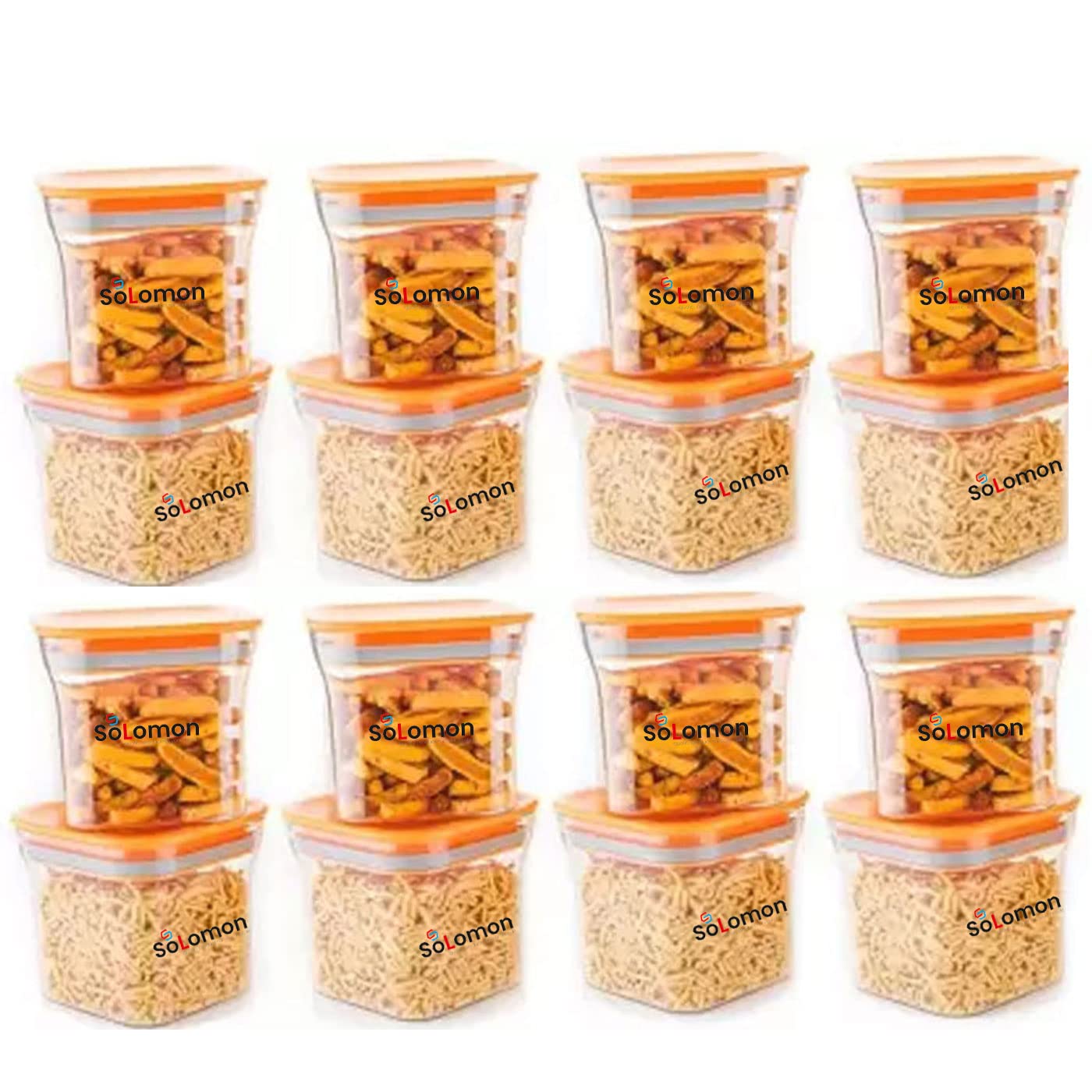 Solomon Plastic Kitchen Fridge Container Transparent Jar Airtight Food Grade Quality Product Used for Daily Storage Spices Dryfuit Tea Salt 600ml (Pack of 16 Orange)