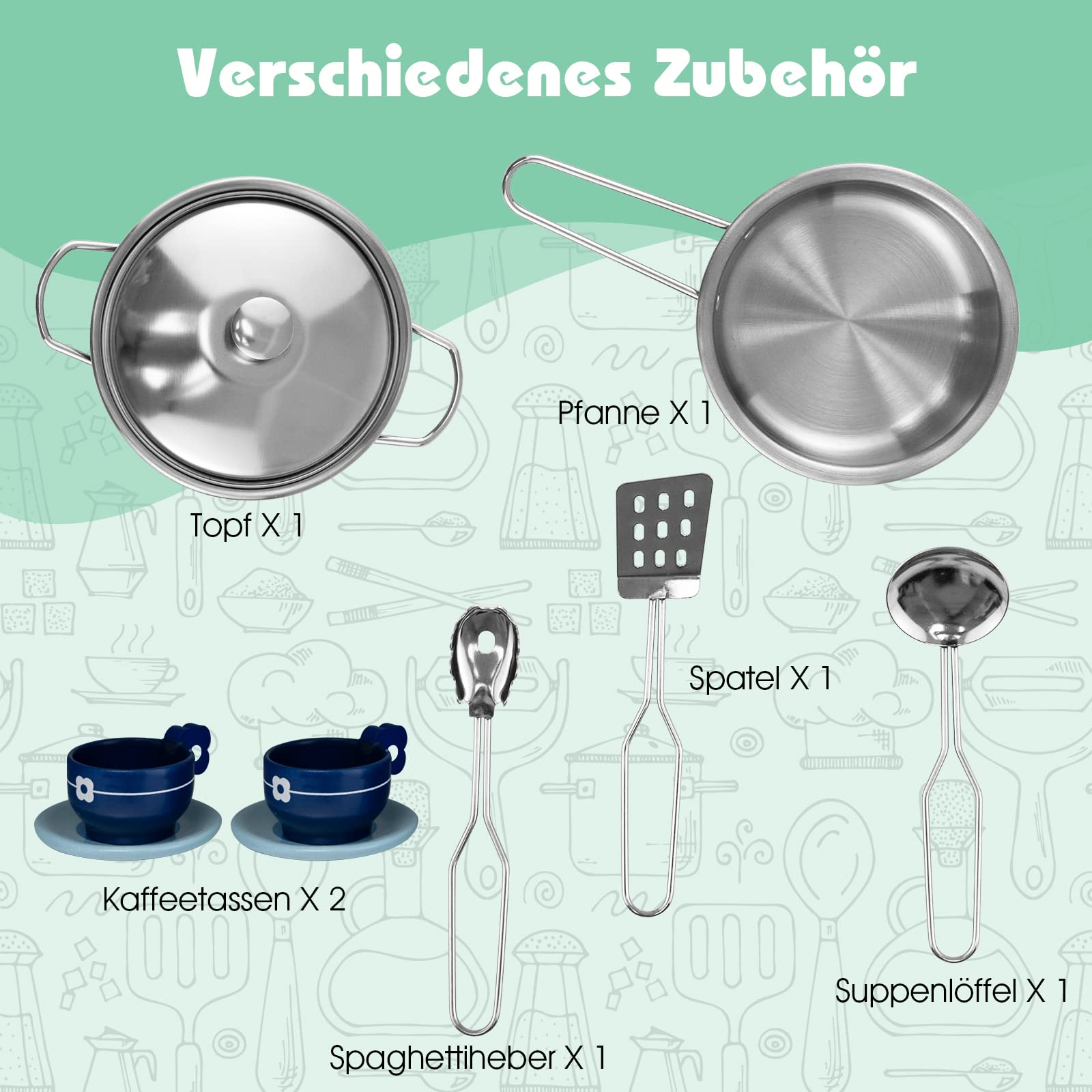 COSTWAY Kinderküche mit Hocker & Spielzubehör, Eck Spielküche mit Licht und Sound, Holzküche Spielzeugküche für Kinder ab 3 Jahren