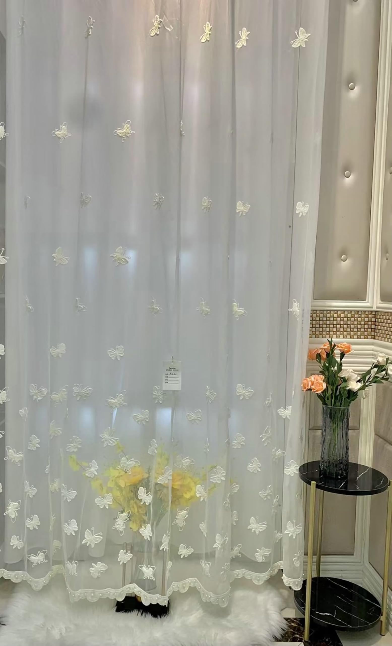 Rideau Cuisine Extérieure, Voilage Blanc Salon Papillon Brodé Mélange Polyester-Coton Lot de 2 132W x 229L cm