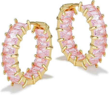 Lourny Crystal Hoop Earrings for Women, 18K Gold Plated Chunky CZ Earrings