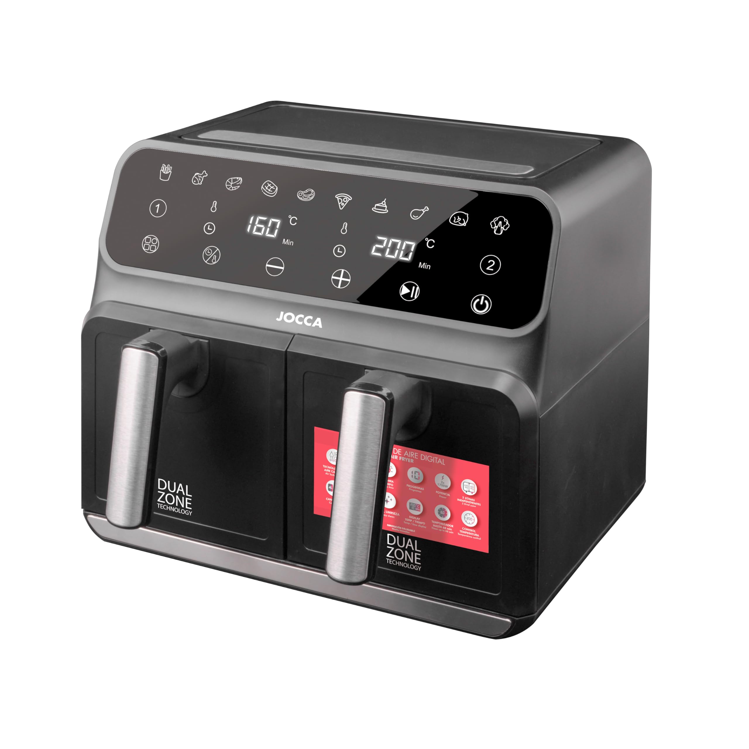 JOCCA - Freidora de Aire Caliente 8L| Freidora Sin Aceite Gran Capacidad| Air Fryer con 2 Cubetas 4L + 4L| Temporizador| Temperatura Ajustable| Cocina Sana| 1700W (Negro 4L+4L)