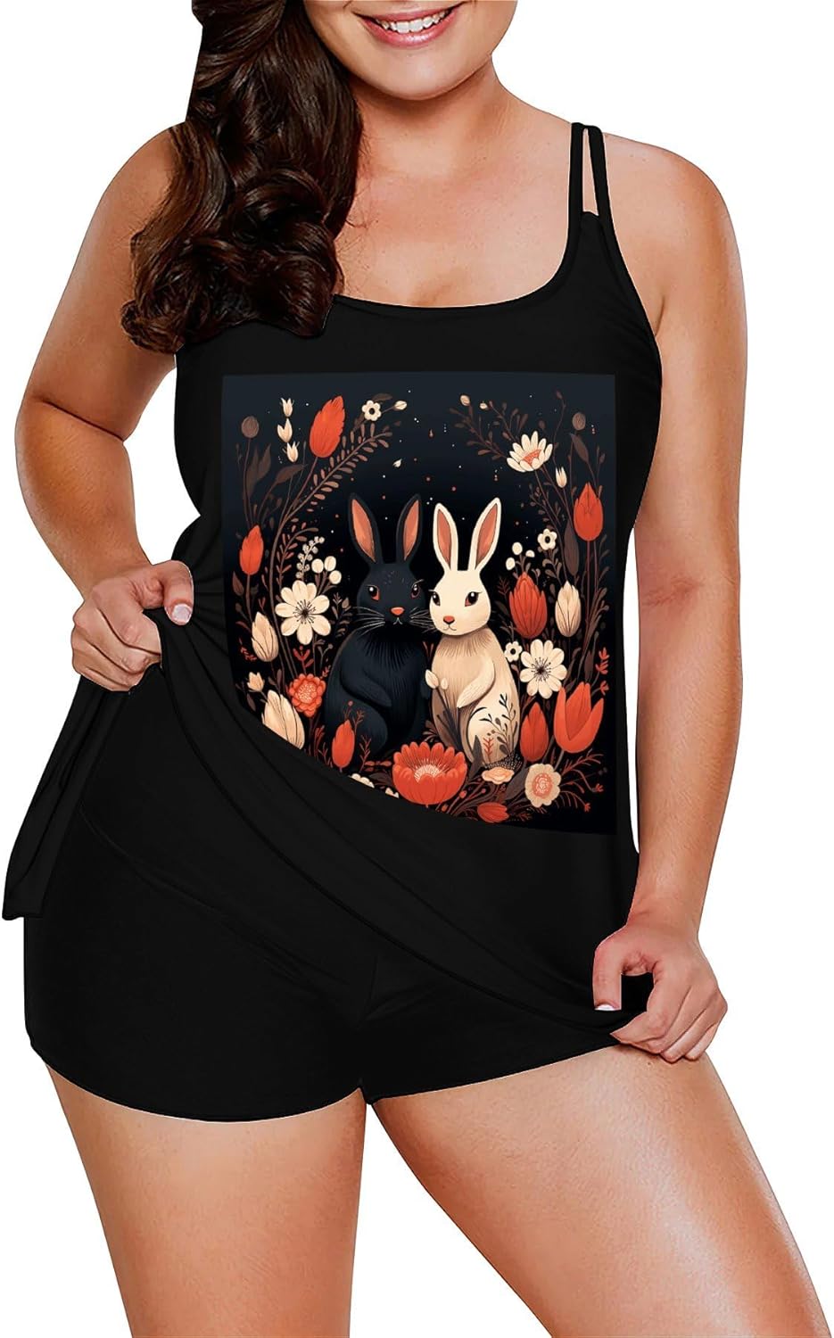 Cartoon Rabbit Couple Tankini Swimsuits for Women Tummy Control Two Piece Bathing Suits Swim Tops with Boy Shorts