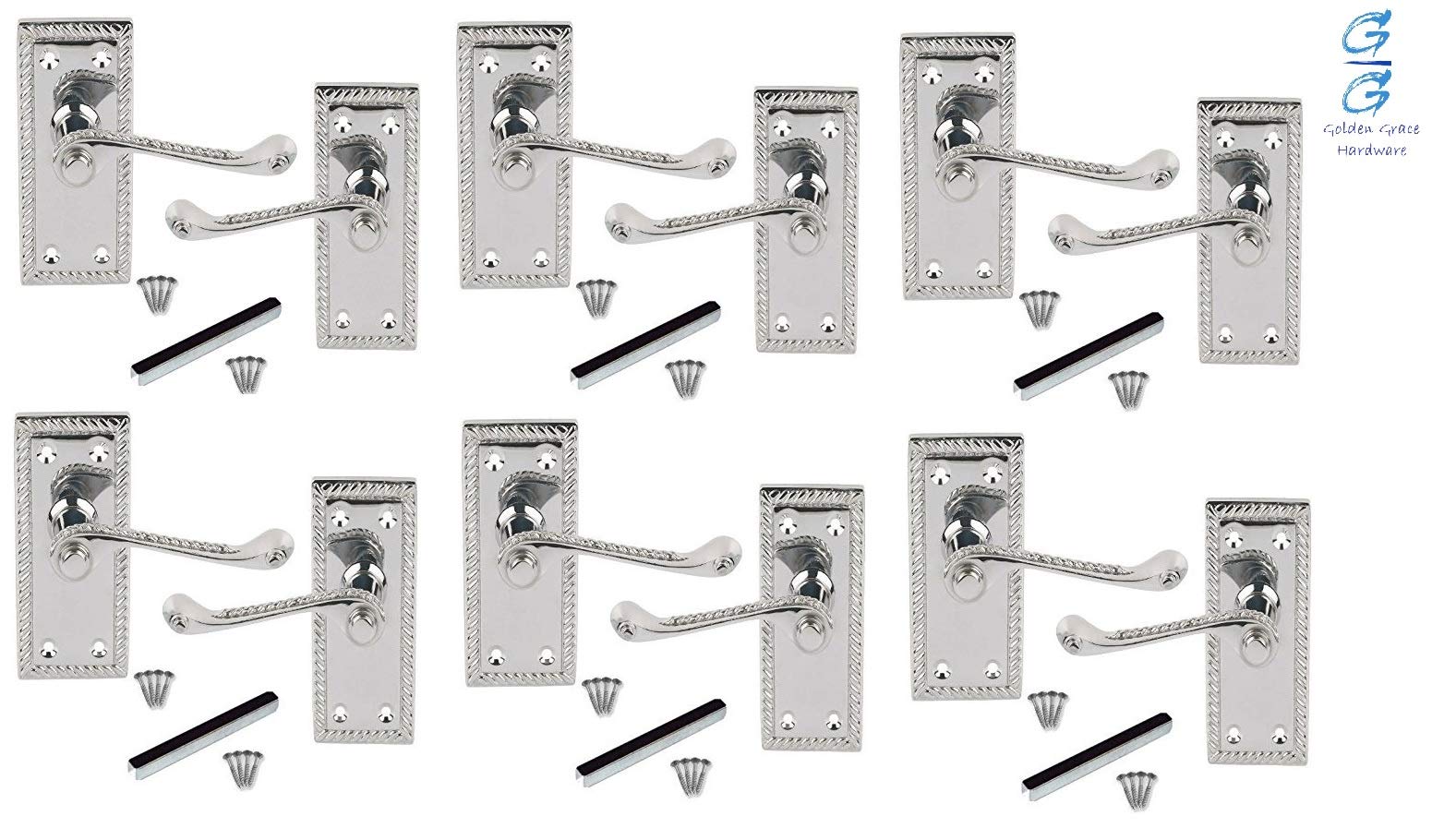 Golden Grace Georgian Roped Edge Door Handle Lever Latch in Polished Chrome Finish, 6 Sets - 107mm x 48mm