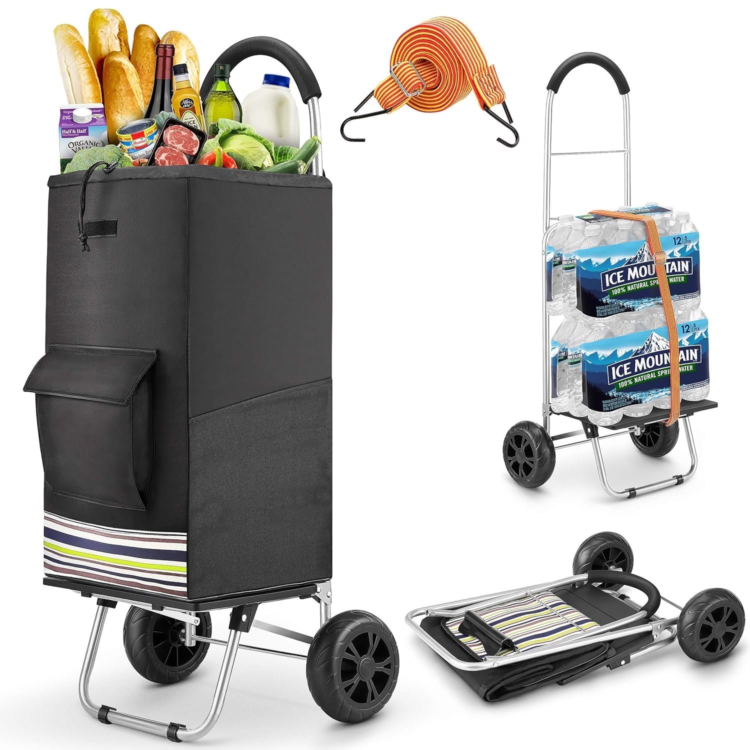 Wilbest 75Ltr Lightweight Shopping Trolley on 2 Wheels 2024 model, Polypropylene (PP) Stainless steel, Black, Large Luggage Bag
