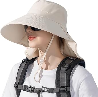 Sun Hat for Women with UV Protection Summer Wide Brim with Neck Flap Upf50+ Ponytail Hole Fishing Bucket Hat Hiking Garden