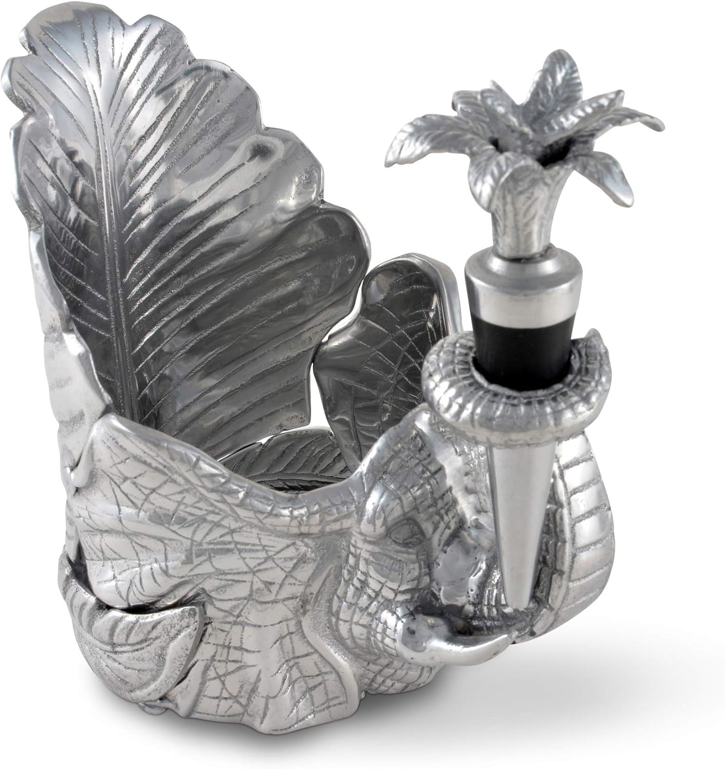 Arthur Court Aluminum Metal Elephant Wine Coaster and Stopper Set Sand Casted Artisan Metal 4.5 inch Diameter Coaster 7 inch Tall
