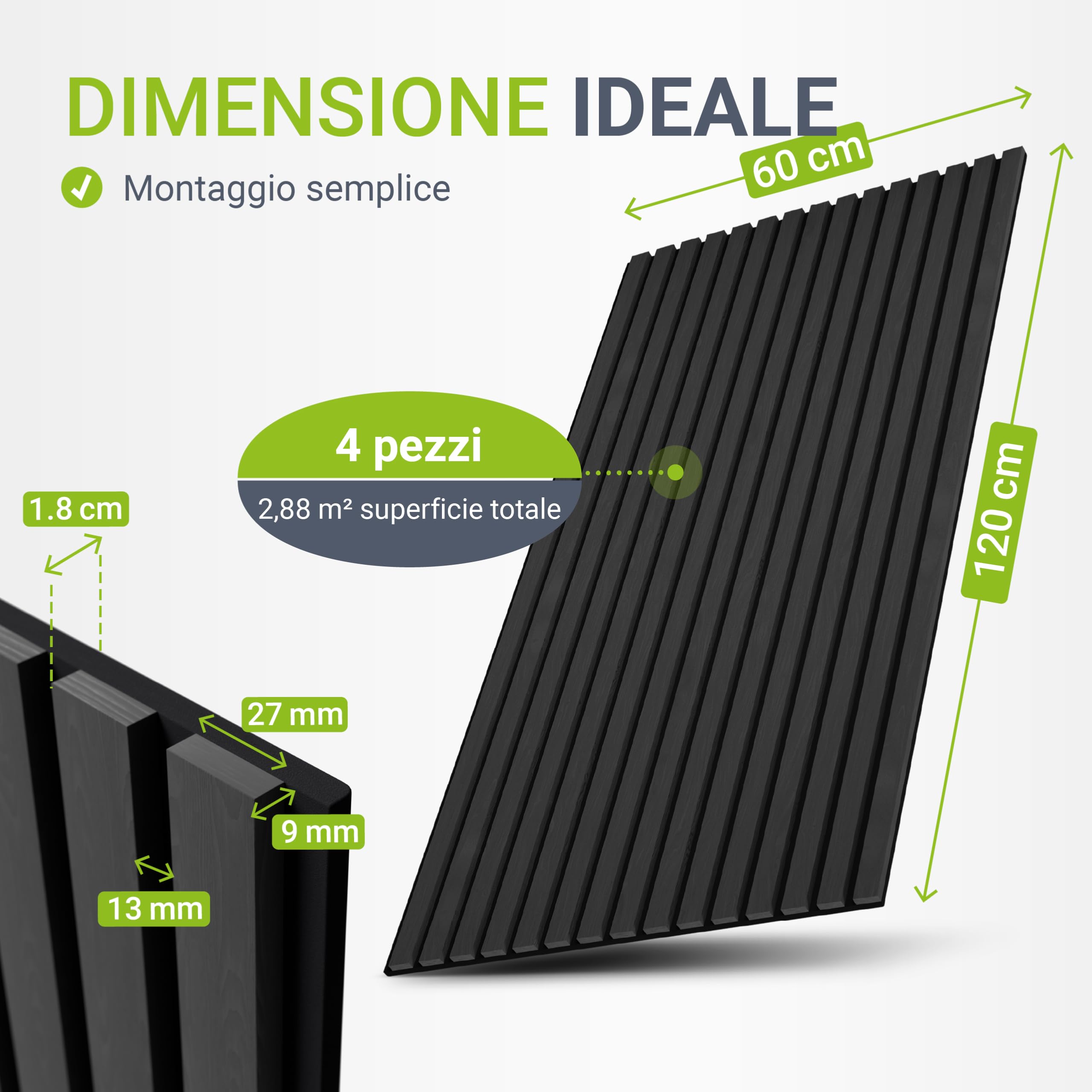 Juskys Pannelli acustici da Parete, Set da 4, 120x60 cm, 2,88 m², riduce eco e rumore - Grigio scuro