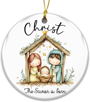 Christ Nativity Ornament 2025 The Savior is Born Cute Holy Family Manger Scene Ceramic Keepsake Christian Religious Christmas Tree Decoration for Faith-Filled Holiday Decor & Gift Giving