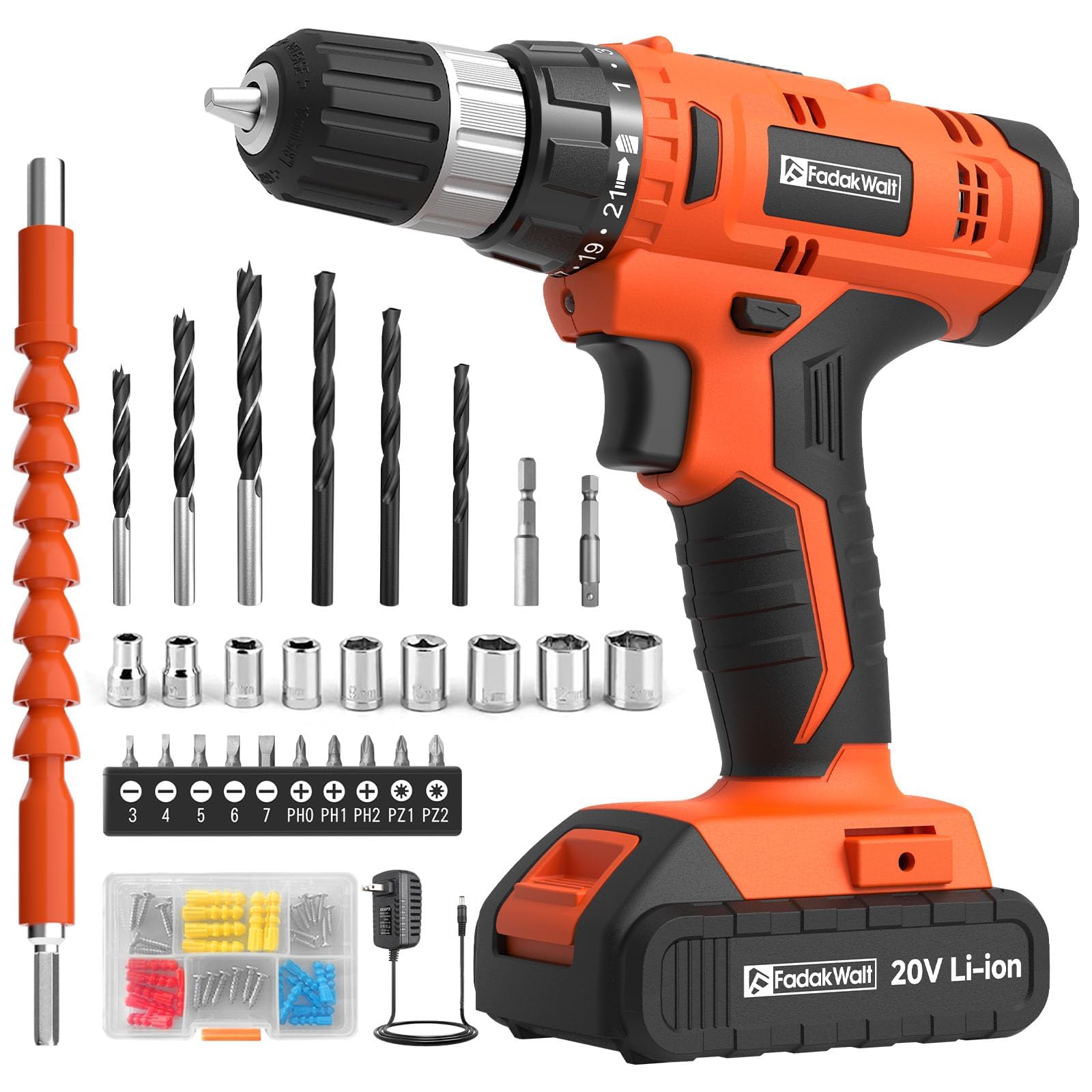 FADAKWALT Cordless Drill Set, 20V Electric Power Drill with Battery And Charger, Torque 30N, 21+1 Torque Setting, 3/8-Inch Keyless Chuck, Driver Bits Kit, with LED Electric Drill Set. （Orange)