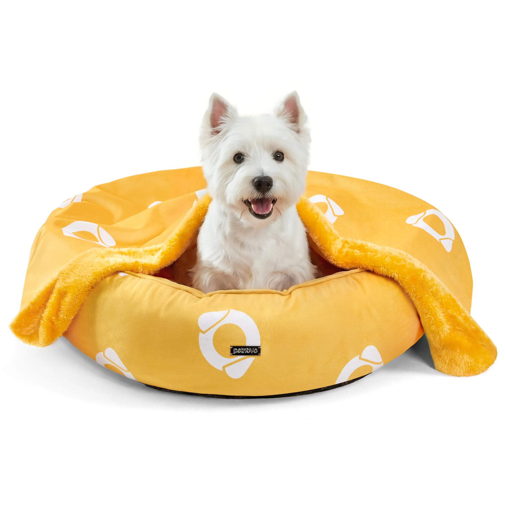 PETNOVO Cat Bed with Blanket, Washable Round Cat Beds for Indoor Cats, Super Soft Zippered Removable Cushion Plush Cover for Puppy and Kitten with Anti-Slip Bottom, Yellow, 70x70x20cm