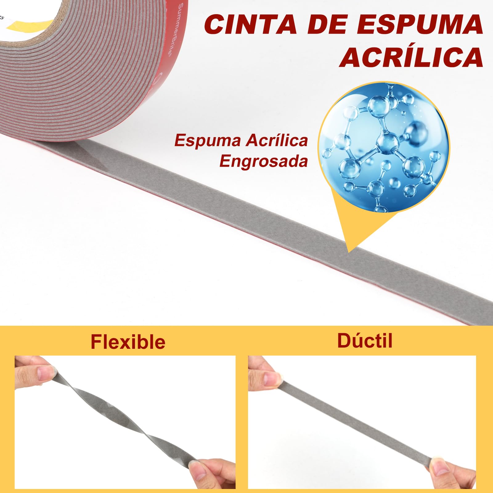 Summerbrite 2 Rollos Cinta de Doble Cara Extrafuerte- 25mm x 7.8m-Adhesivo Doble Cara, Cinta de Espuma Acrílica,Resistente al Agua y a la Temperatura Para Fijación de Alfombras,Uso Interior y Exterior