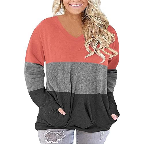 ROSRISS Plus-Size-Tops for Women Long Sleeve V Neck Shirts Oversized Pockets Tunics