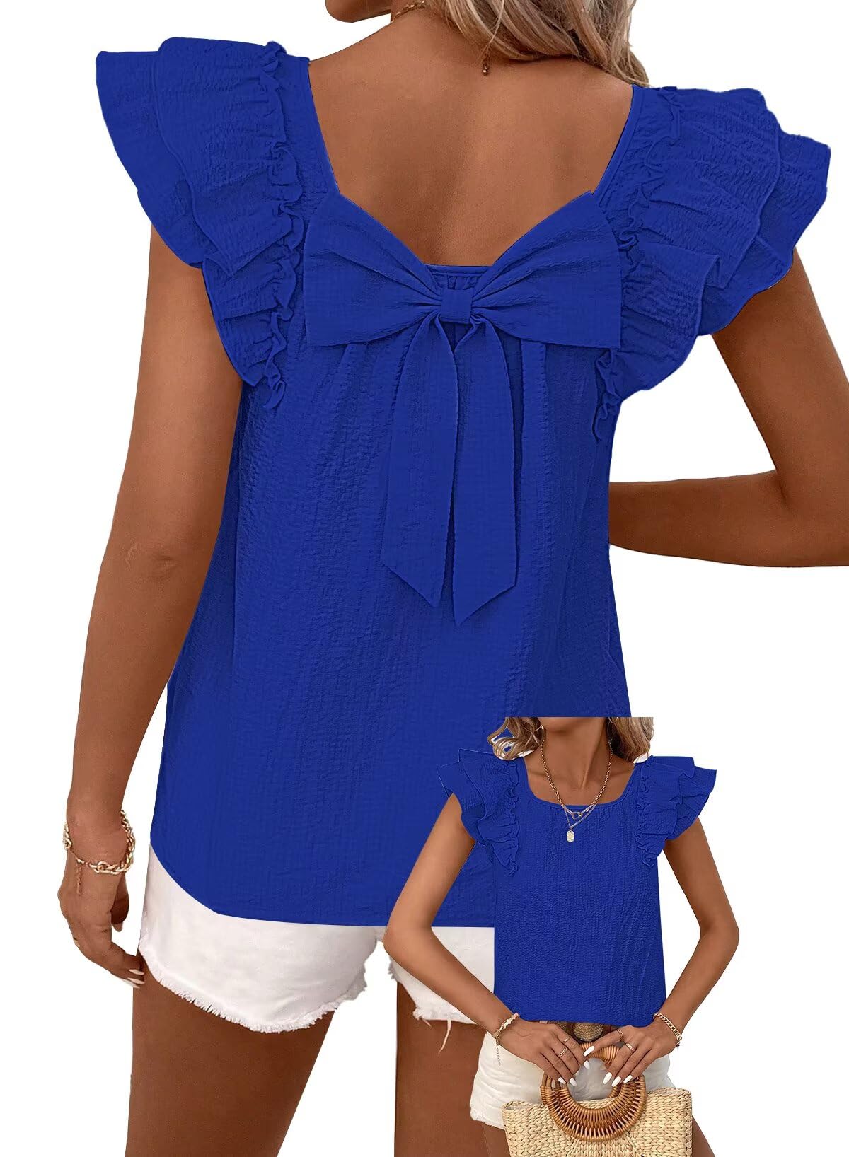 TUUHAW Top Damen Sommer Süße Oberteile Rundhals T-Shirt Kurzarm Bluse mit Rüschen Tunika Lässige Outfits Chiffon Puffärmel Rücken-Schleife Kleidung