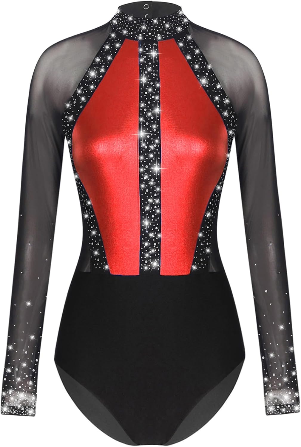 Womens Rhinestones Metallic Long Sleeve Leotard for Dance Gymnastic Contemporary Ballet Skating Dance Costume