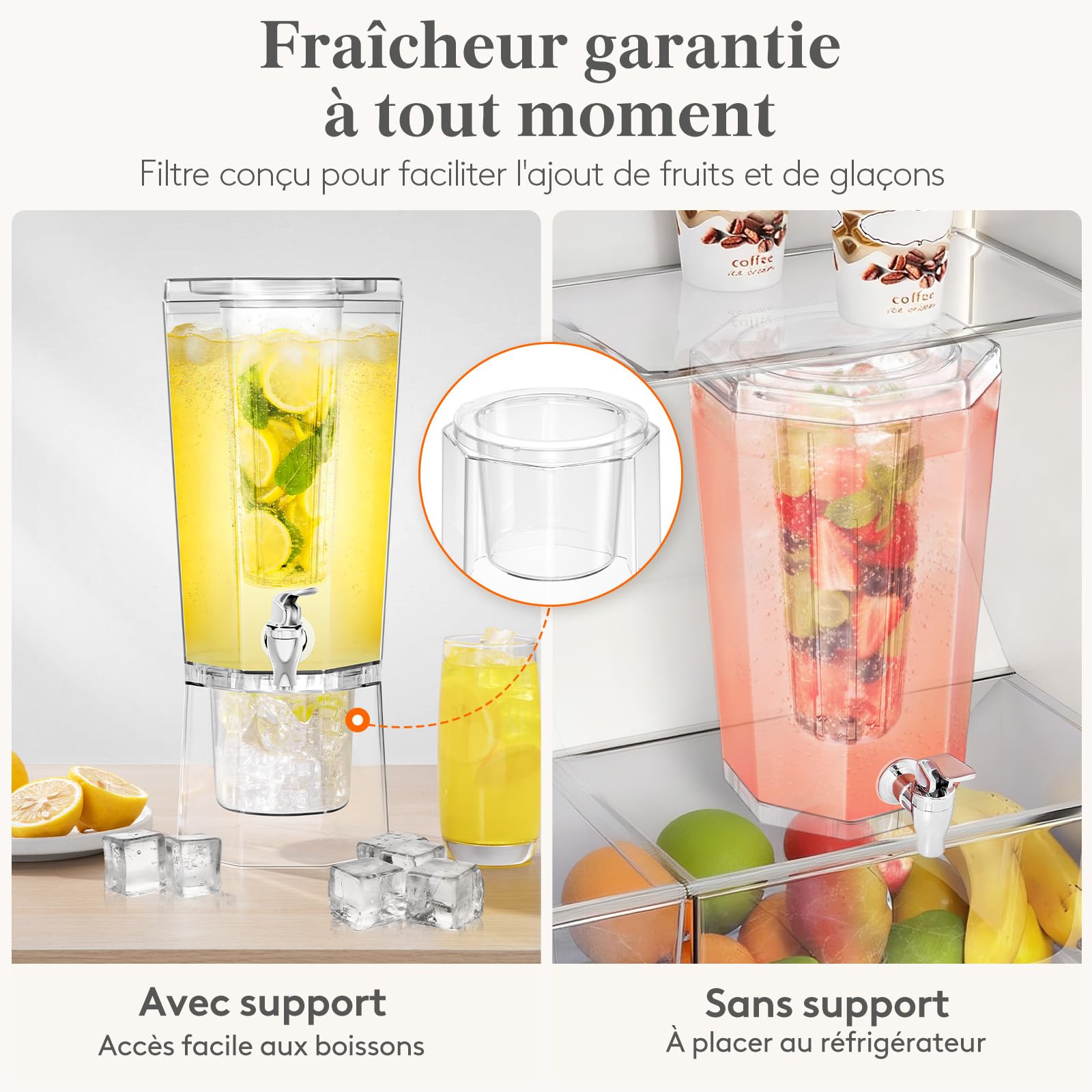 Lifewit 4L Distributeur de Boisson avec Robinet, Jarre Cocktail Avec Filtre en Plastique, Lot de 2 (en 1 Paquet) Fontaine Cocktail Glacées pour Jus, Limonade, Soda et Thé