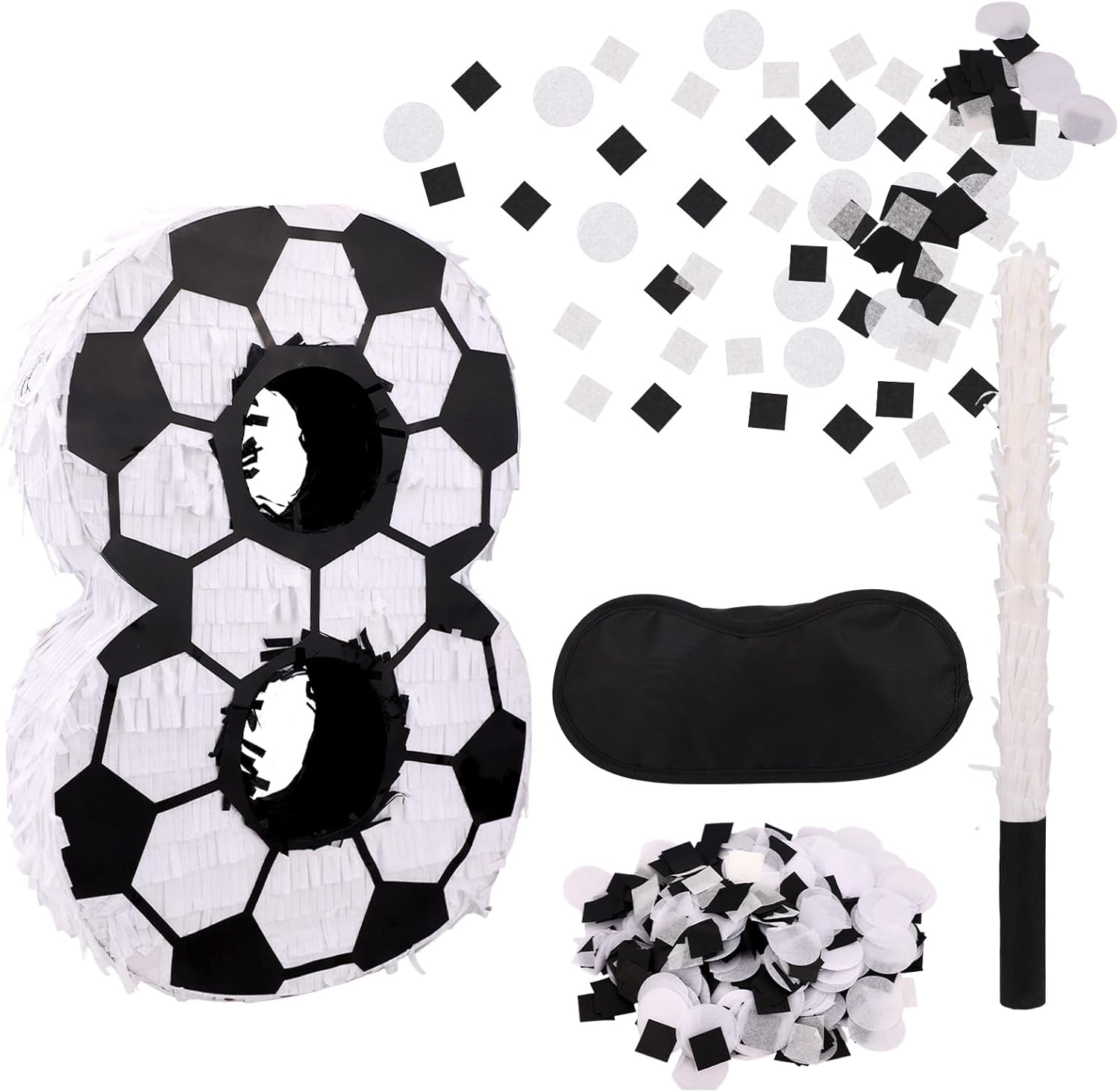 Soccer Themed Piñata Set, Soccer Ball Number 8 Piñata with Stick Blindfold & Confetti Sports Party Supplies for Birthday Decoration Party Games & Festive Celebrations