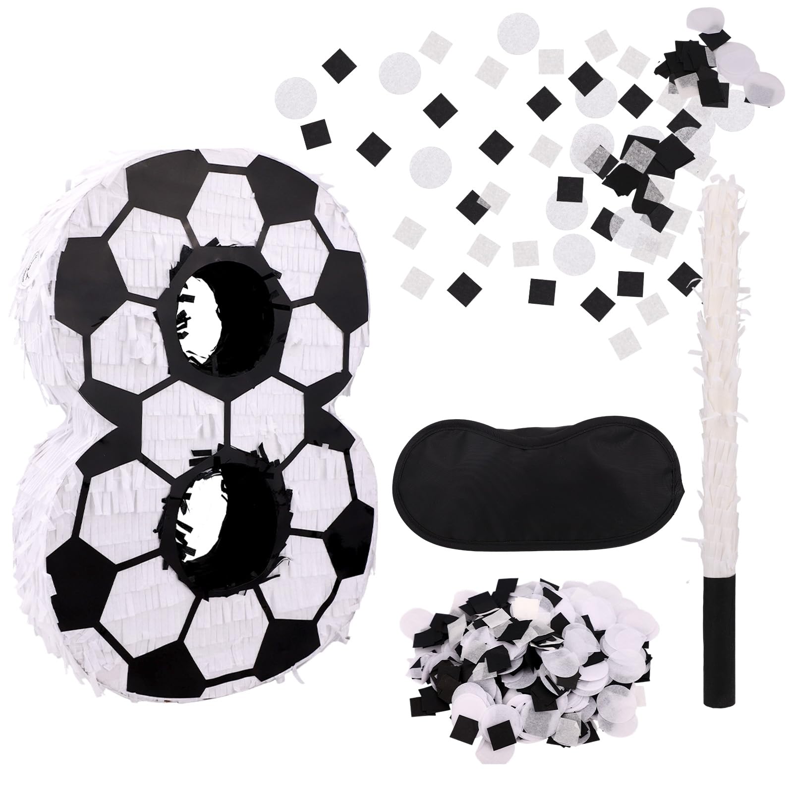 Soccer Themed Piñata Set, Soccer Ball Number 8 Piñata with Stick Blindfold & Confetti Sports Party Supplies for Birthday Decoration Party Games & Festive Celebrations