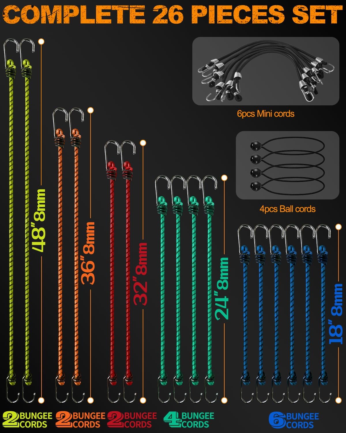 26-Piece Heavy Duty Bungee Cords Assortment Jar, Includes 10”,18”,24”,32”, 36", 48” Bungie Cords, 8”Canopy/Tarp Ball Ties Rubber Bungee Cord for Camping, Tent, Fastening Items