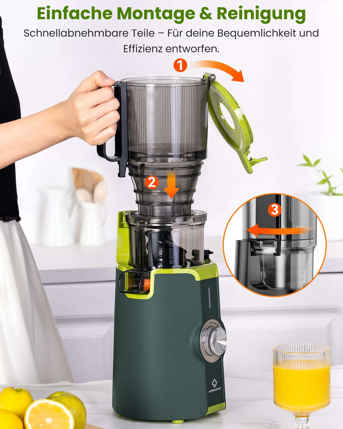 LINKChef Entsafter Slow Juicer, 115 mm Große Einfüllöffnung für Entsafter Gemüse und Obst Testsieger, Kaltentsafter 200W, BPA-frei, Einfach zu Reinigen und Montieren, Grün