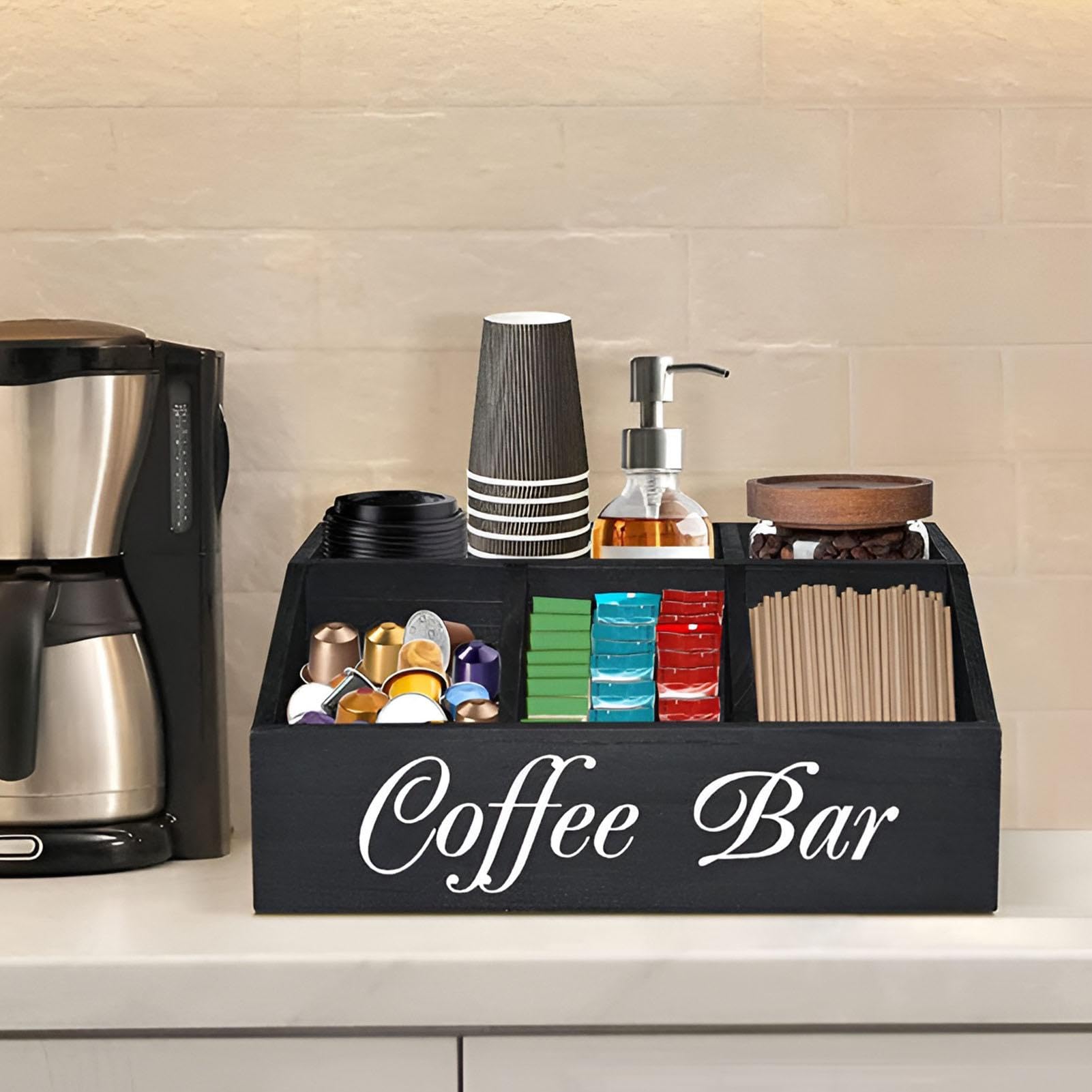 Organizer Da Cucina A 2 Ripiani In Ferro Nero - Porta Caffè E Accessori, Bar, Spezie, Altezza 23,4 Cm