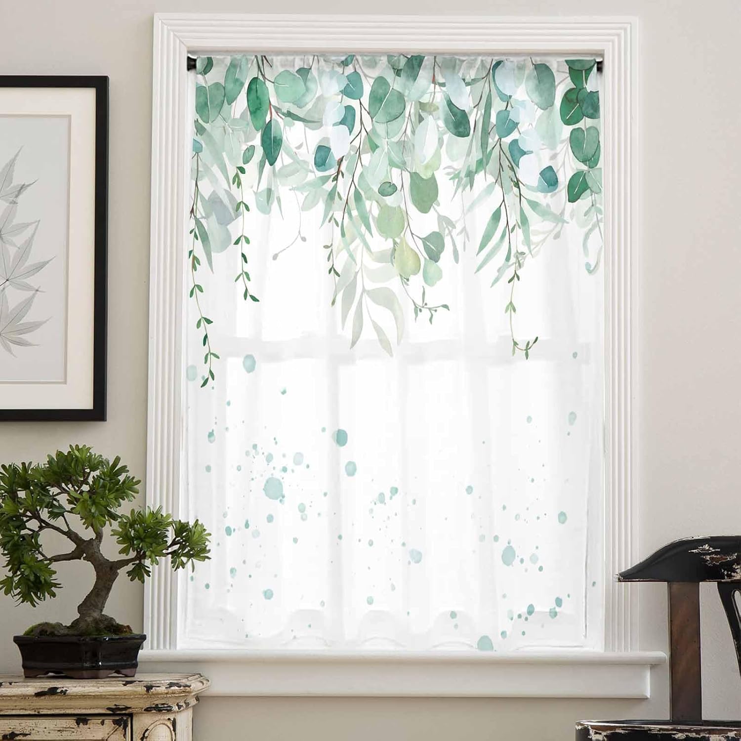 Spring Eucalyptus Window Curtains 96 Inches Long,Semi Sheer Rod Pocket Chiffon Curtains & Drapes Drapery Voile Draperies Window Treatment for Living Room/Bedroom,Green White Watercolor Botanical Leaf
