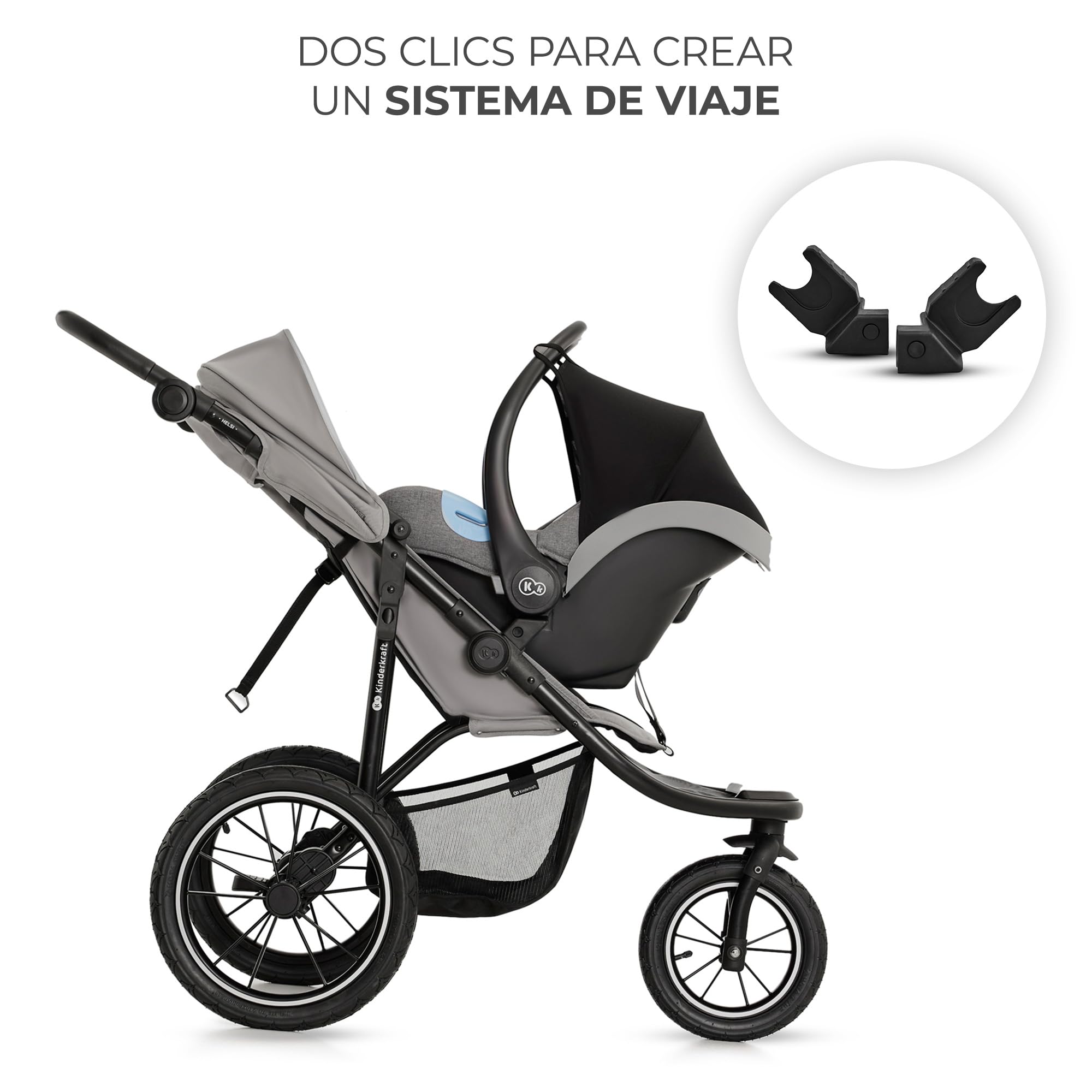 Kinderkraft HELSI 2, Jogger, Silla de Paseo, Para Bebés, 3 Ruedas, Para cada Terreno, Desde el Nacimiento hasta 22 Kg, Rueads Neumaticas, Off Road, Cesta Grande, Gris