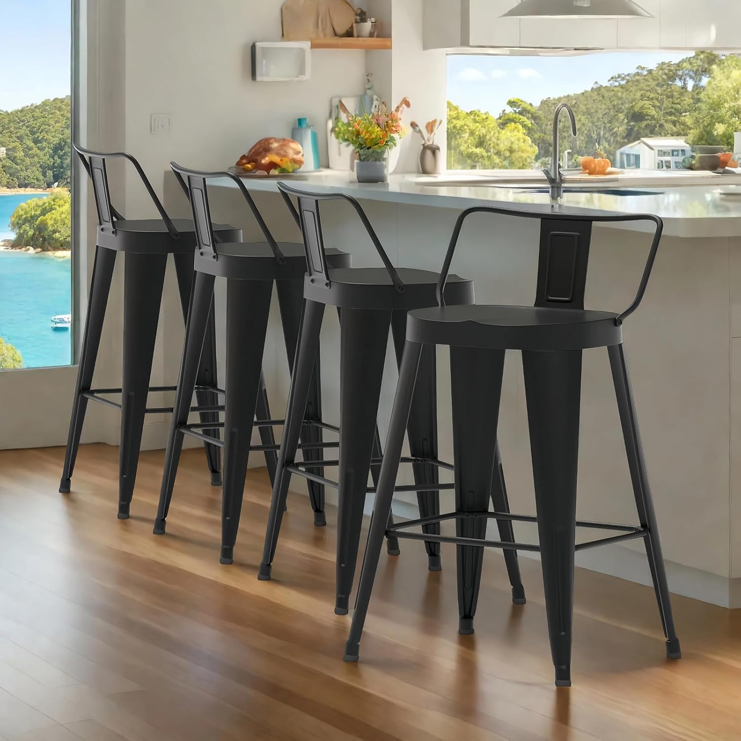26 Inch Metal Bar Stools Set of 4, Industrial Metal Bar Stools with Low Back, Counter Height Bar Stools for Kitchen Island, Restaurant, Bar (Black)