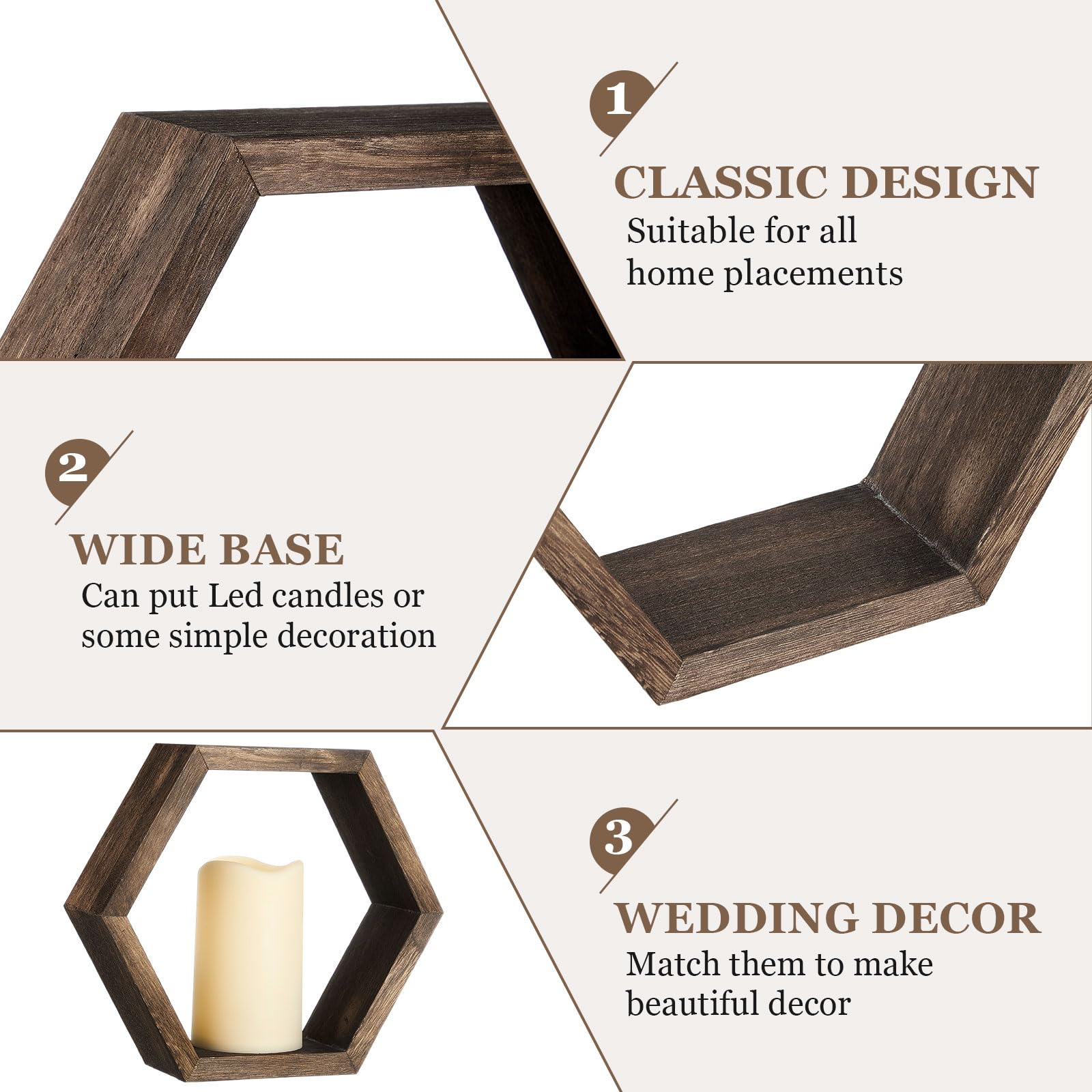 Juego de 16 faroles de madera para velas, incluye 8 centros de mesa rústicos para mesa y 8 velas LED decorativas sin llama para bodas, marrón oscuro, hexagonal 3
