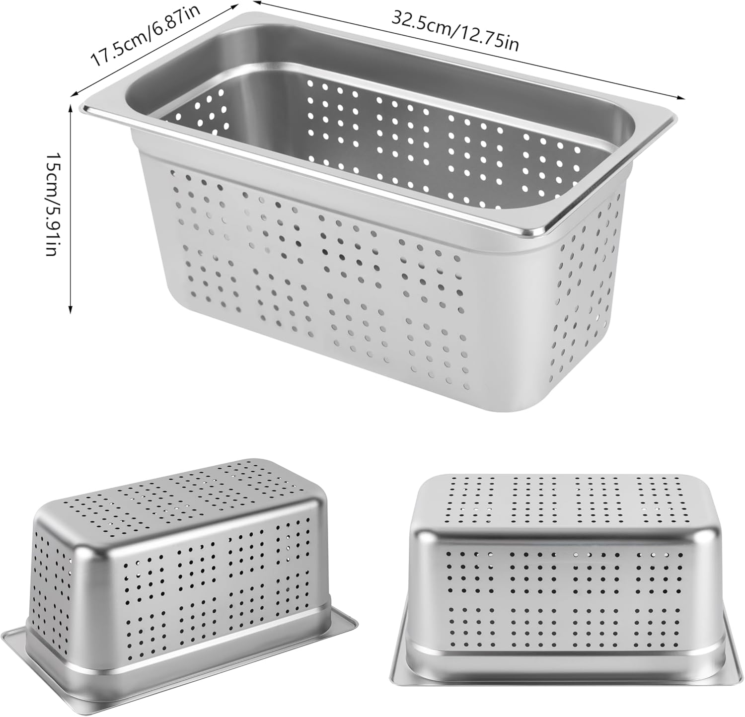 2 Pcs Filtering Pans, 6"Deep Anti-Jam Perforated Pan Stainless Steel Steam Pan Filter Basket, 1/3 Size Vegetable Fruit Washing Basin Food Pans Chafing for Hotel Catering Kitchen Restaurant